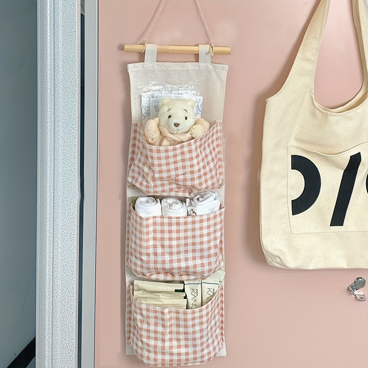Chic Pink Plaid 3-Pocket Hanging Storage Bag for Youngsters Bottles - Foldable Polyester Organizer for Nursery & Home
