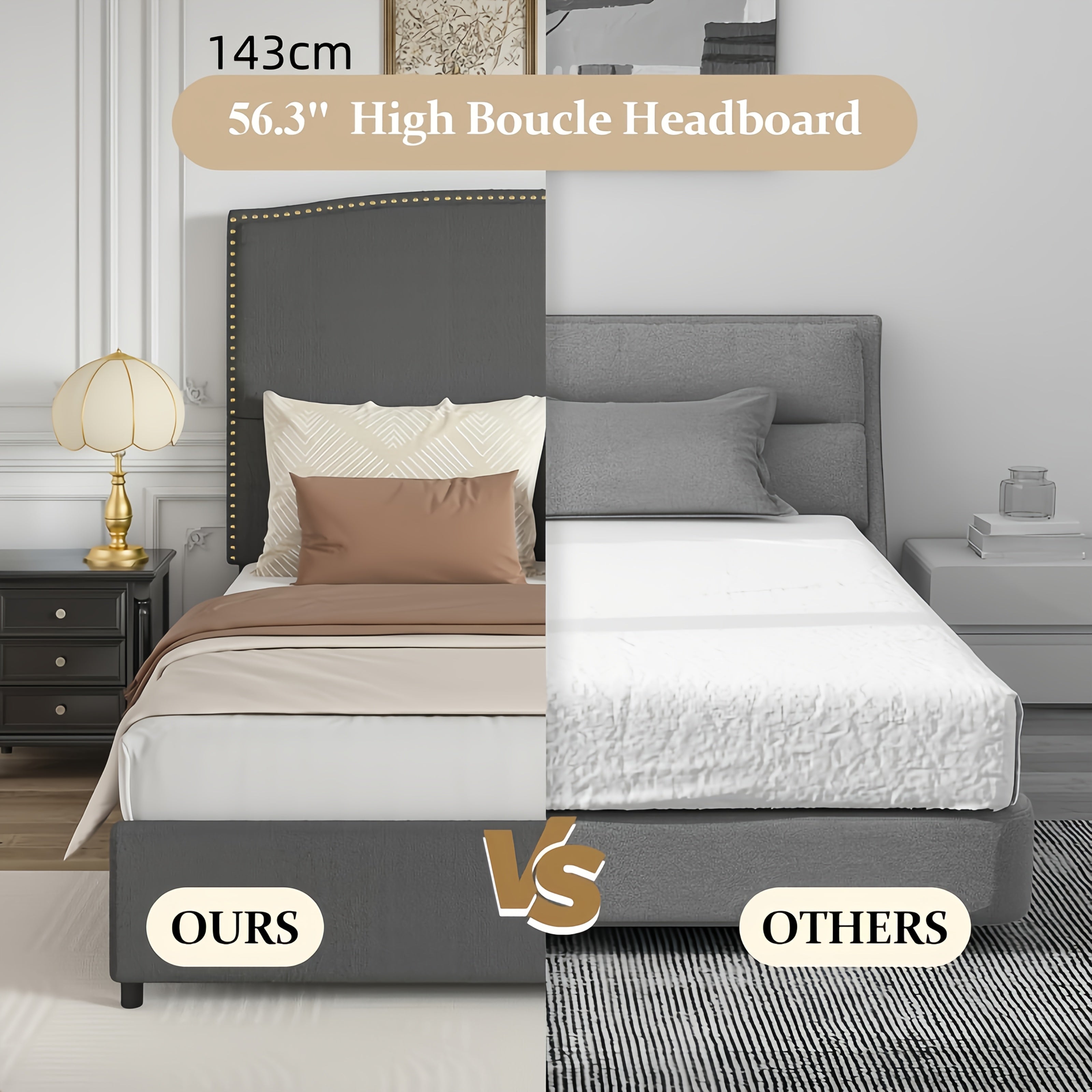 Full Queen King Size Bed Frame with 56" Tall Headboard - Boucle Upholstered Platform Bed with Nailhead Trim, Grey/Beige/White, No Box Spring Needed, Easy Assembly, Hardwood Frame Contemporary Bedroom Furniture, Home Decor, Mo