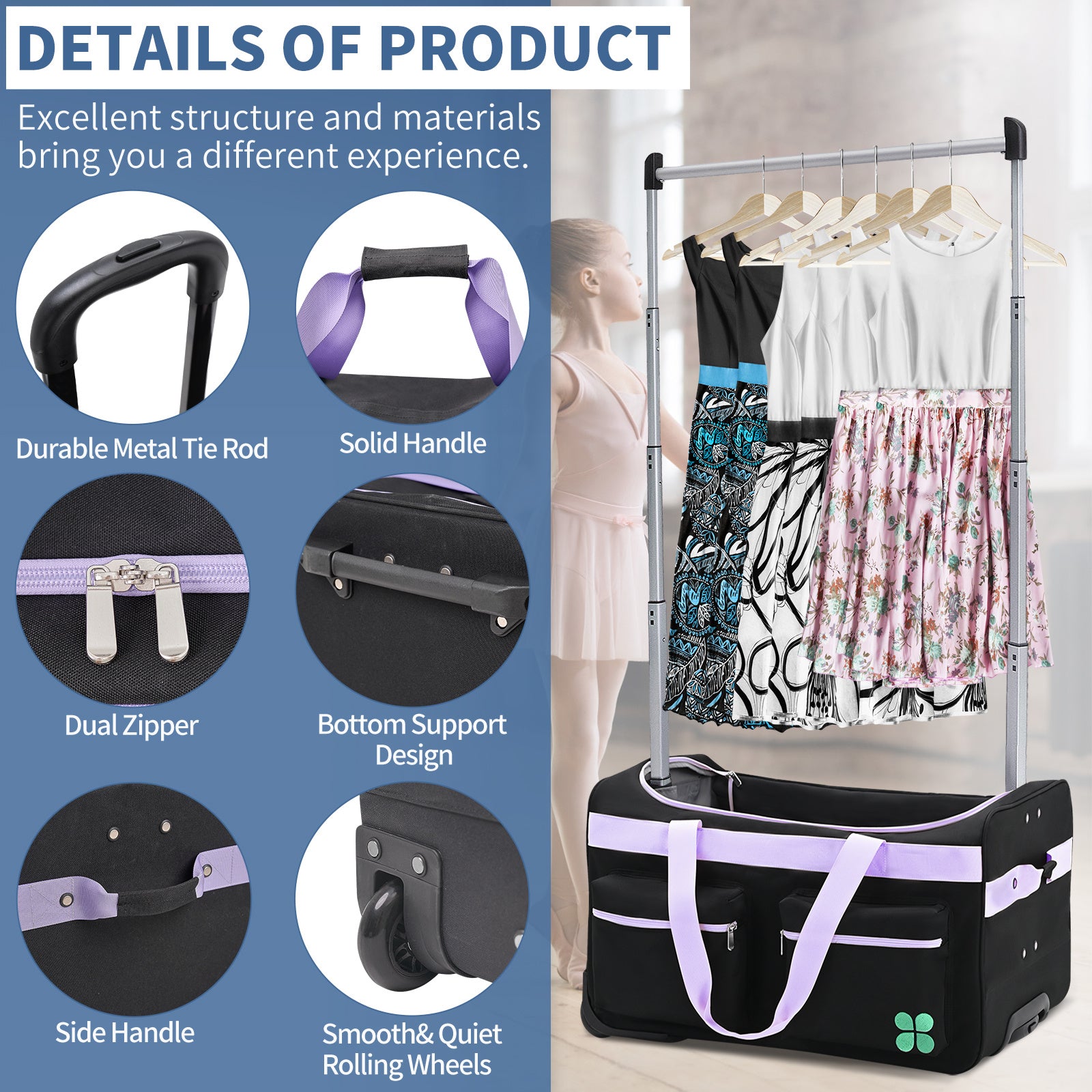 Dance Bag With Garment Rack, 27 Inch Dance Competition Bag Garment Duffel Bag For Competition Events, Travel, Recital Events, Rolling Garment Bag Travel Dance Bag for Girls Boys