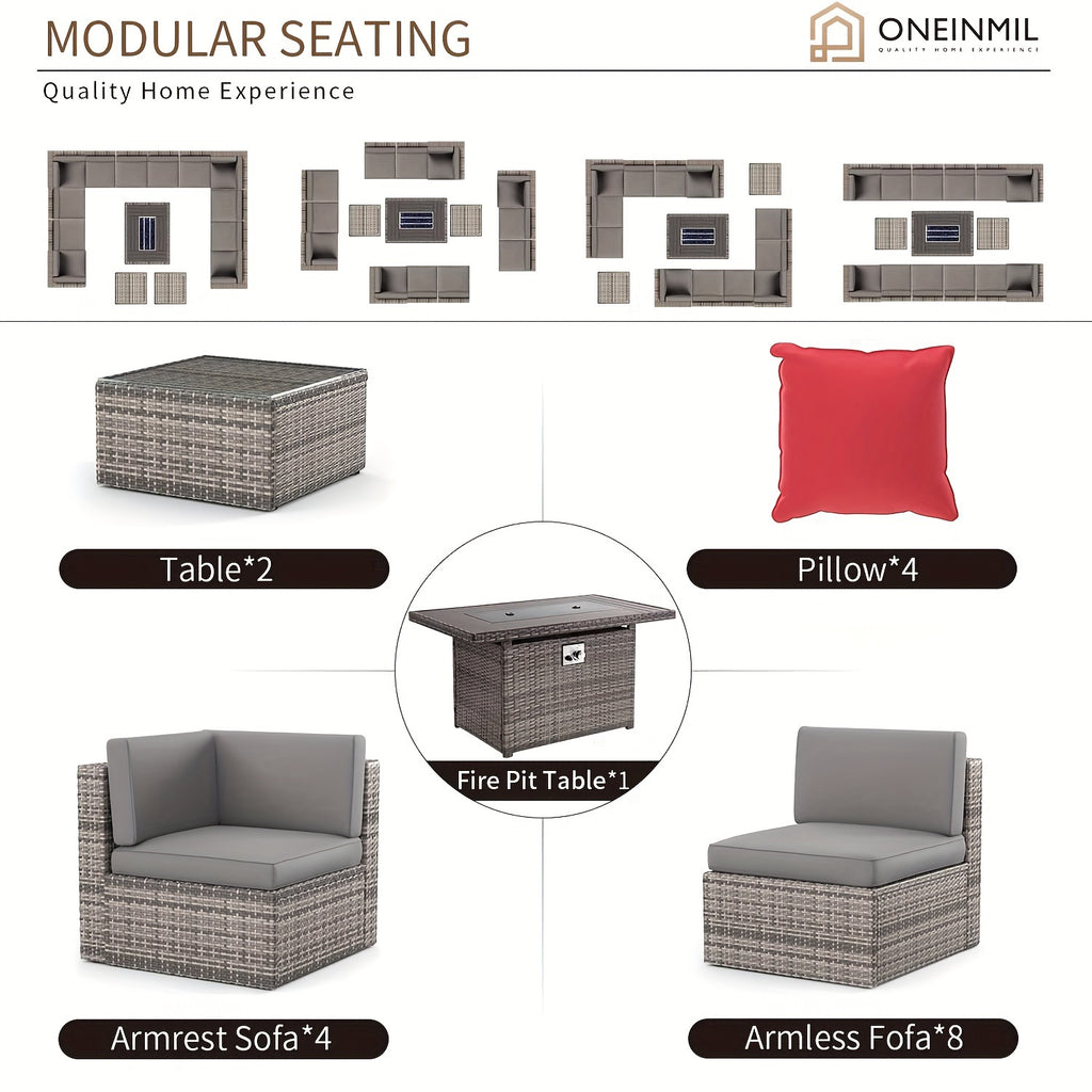 15 Pieces Patio Furniture Set - Grey Wicker Rattan Sectional Sofa with Coffee Table, 40" Fire Pit Table, Outdoor Conversation Set for Garden and Backyard