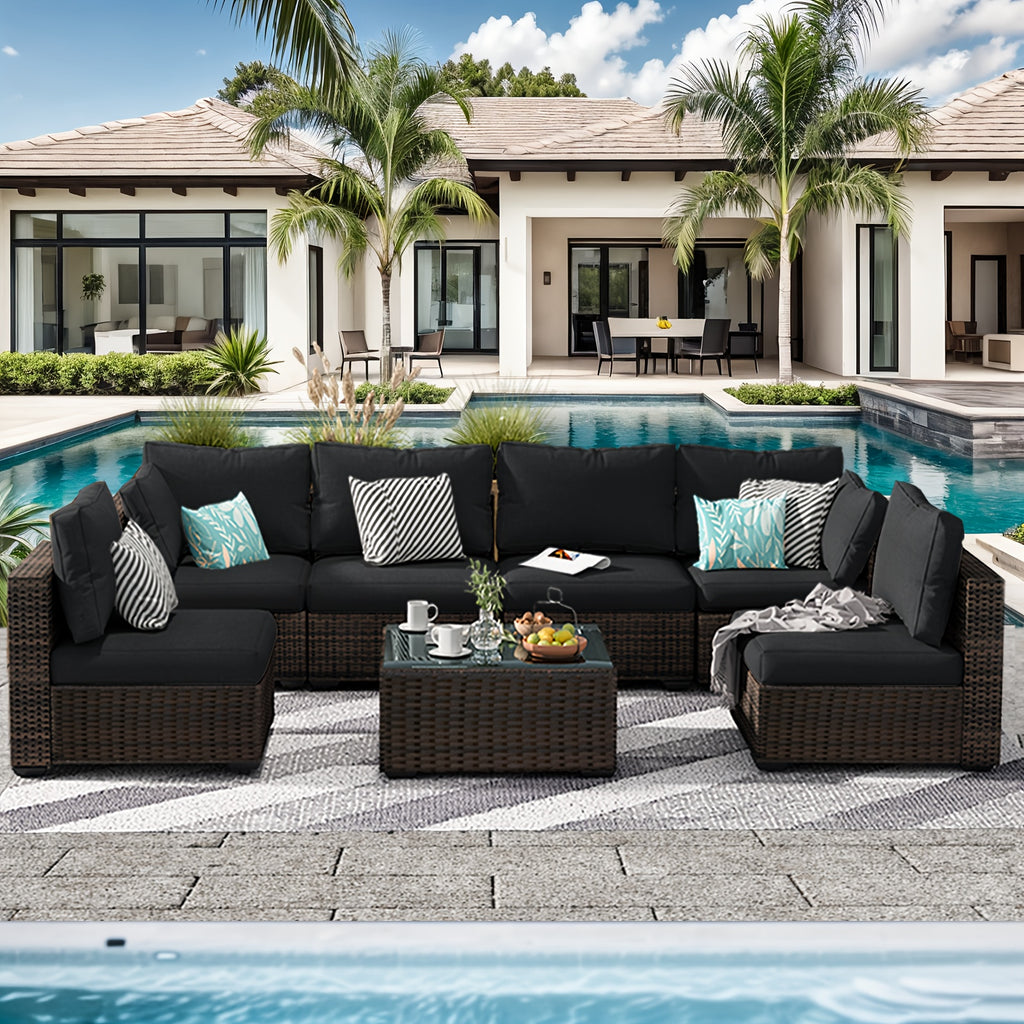 7pcs Outdoor Patio Furniture Sectional Sofa Suitable for - All-Weather PE Wicker & Metal Frame Modular Conversation Set with Cushions & Glass Coffee Table, - Cushions for Garden, Lawn, Balcony, Deck, Porch (Compatible for)