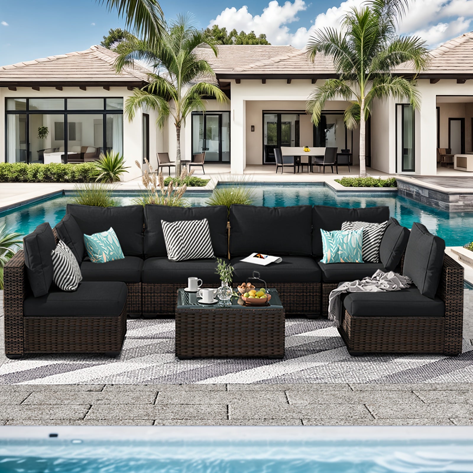 7pcs Outdoor Patio Furniture Sectional Sofa Suitable for - All-Weather PE Wicker & Metal Frame Modular Conversation Set with Cushions & Glass Coffee Table, - Cushions for Garden, Lawn, Balcony, Deck, Porch (Compatible for)