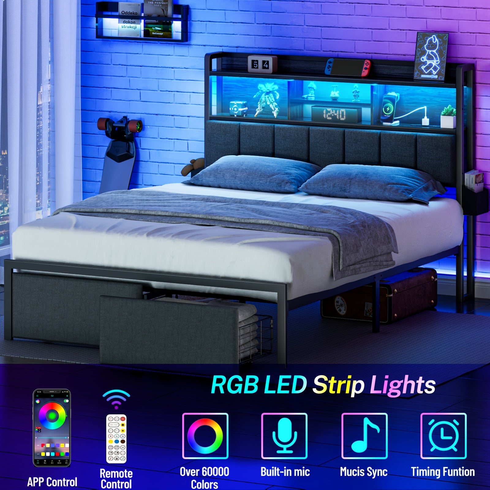 1pc Queen Bed Frame with RGB LED Lighting & Dual USB Ports - Heavy-Duty Platform Bed with 11.8" Deep Storage Drawers, Under-Bed Organization - Modern Bedroom Furniture for Space-Saving Homes - Compatible with US Outlets (125V