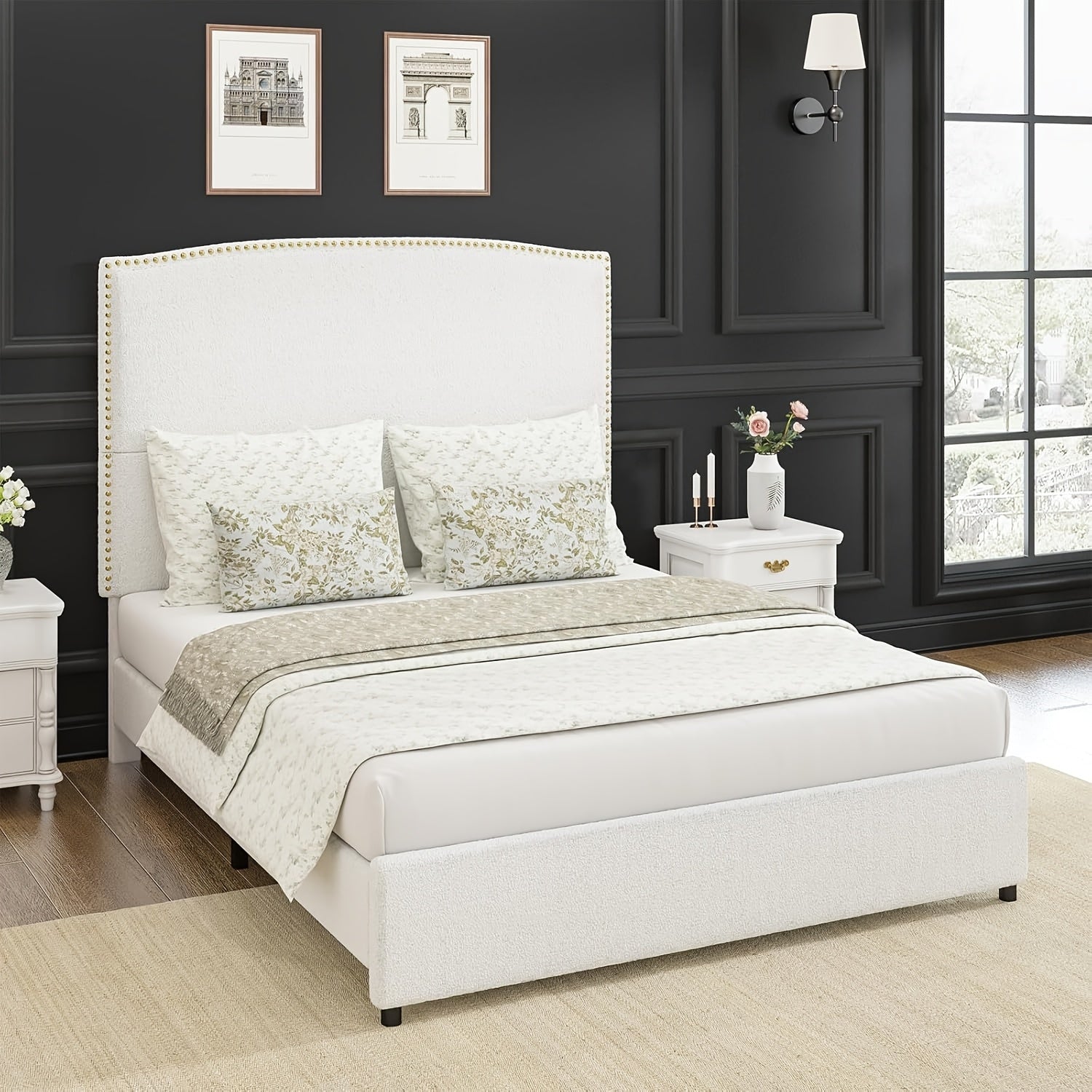 Elegant Queen King Size Bed Frame with 56" Tall Headboard, Boucle Upholstered Platform Bed with Nailhead Trim, Soft Beige/Grey/White Fabric, No Box Spring Needed, Easy Assembly, Classic Hardwood Design for a Luxurious Bedroom