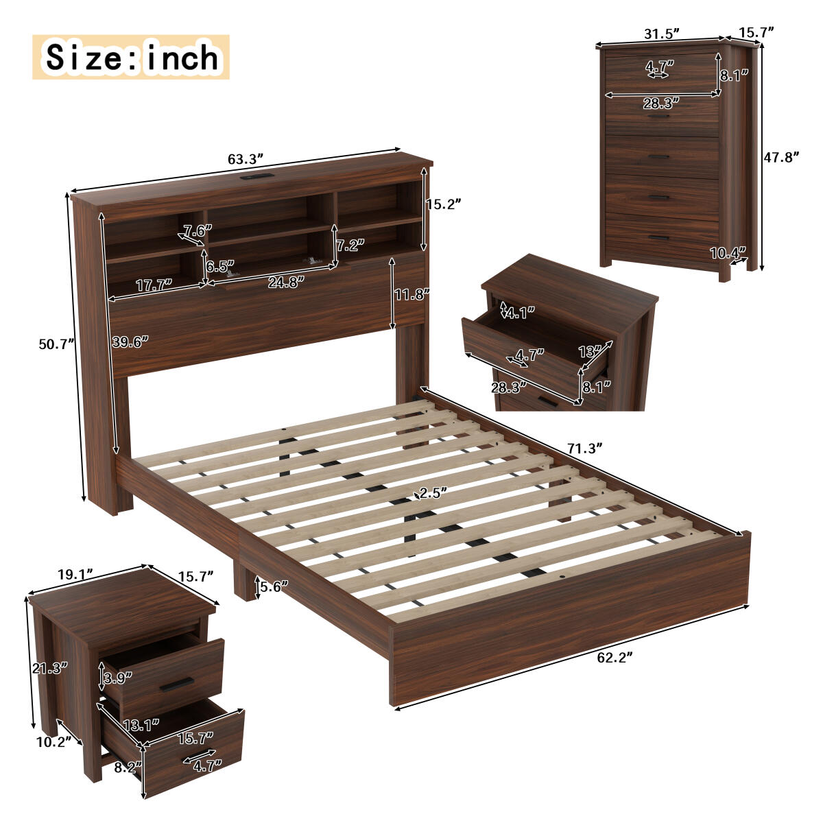 4pcs Queen Bedroom Set - Storage Bed Frame with Smart USB Charging, 2 Nightstands & Dresser | Solid Wood Furniture for Master Bedroom (Easy 30-Min Assembly), Bedroom Furniture Set, Modern Bedroom Furniture, Durable Wooden Fur