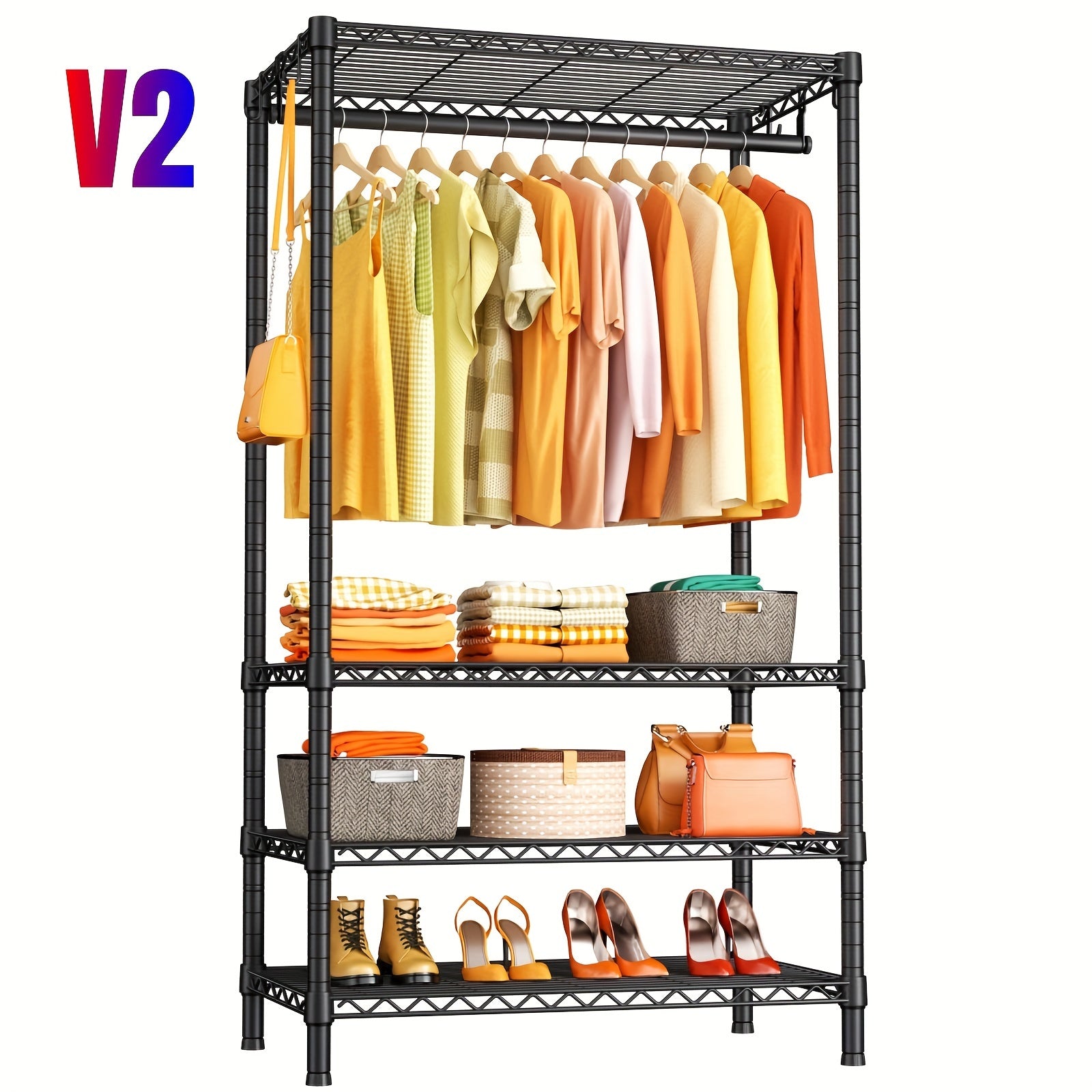 Clothes Rack Heavy Duty Metal Garment Rack With Shelves, Wardrobe Clothes Organizer, Hanging Closet Organizer For Storage, Free Standing Closet Shelves And Coat Rack, Clothes Drying Rack With Rolling Wheels, Kids Hangers And