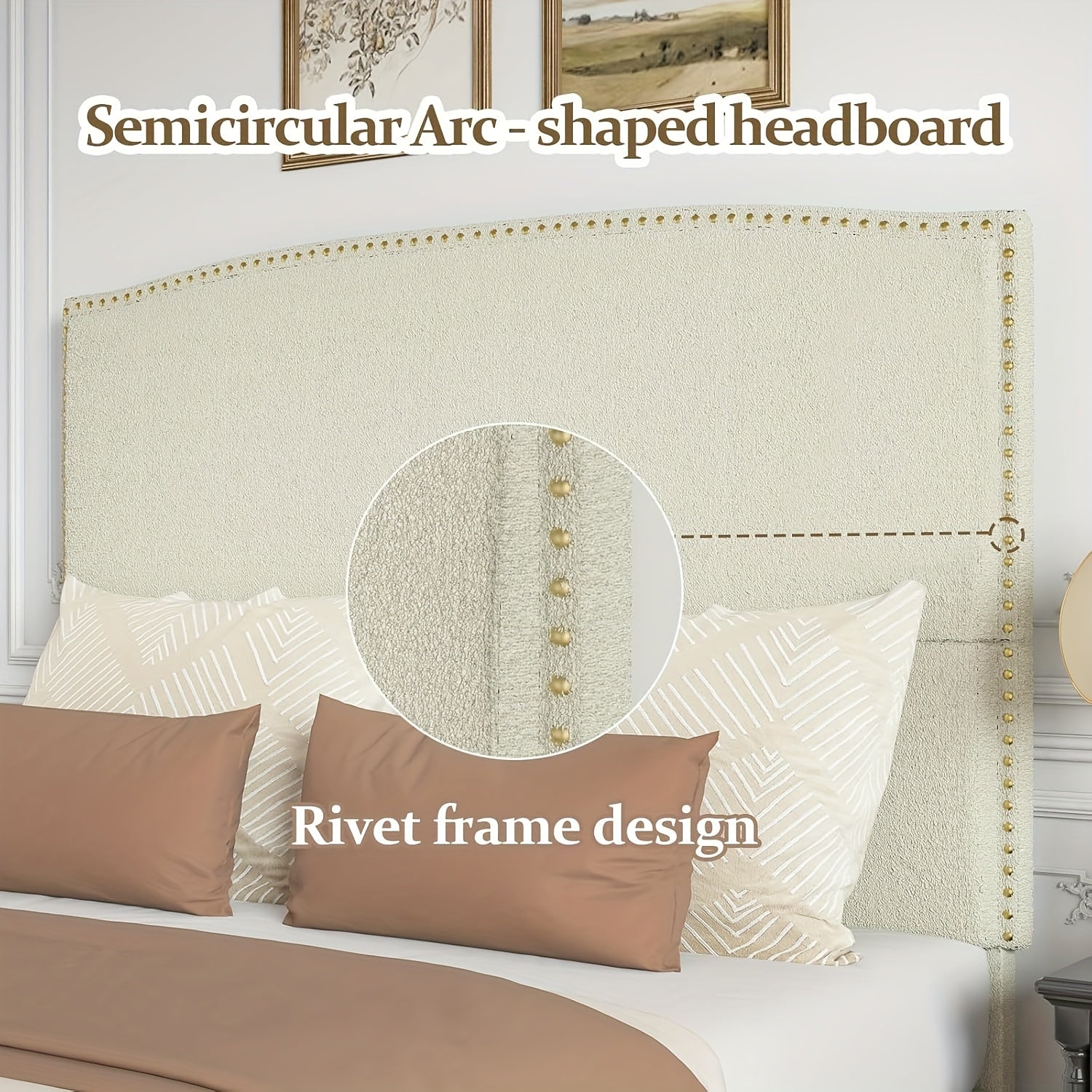 Elegant Queen King Size Bed Frame with 56" Tall Headboard, Boucle Upholstered Platform Bed with Nailhead Trim, Soft Beige/Grey/White Fabric, No Box Spring Needed, Easy Assembly, Classic Hardwood Design for a Luxurious Bedroom