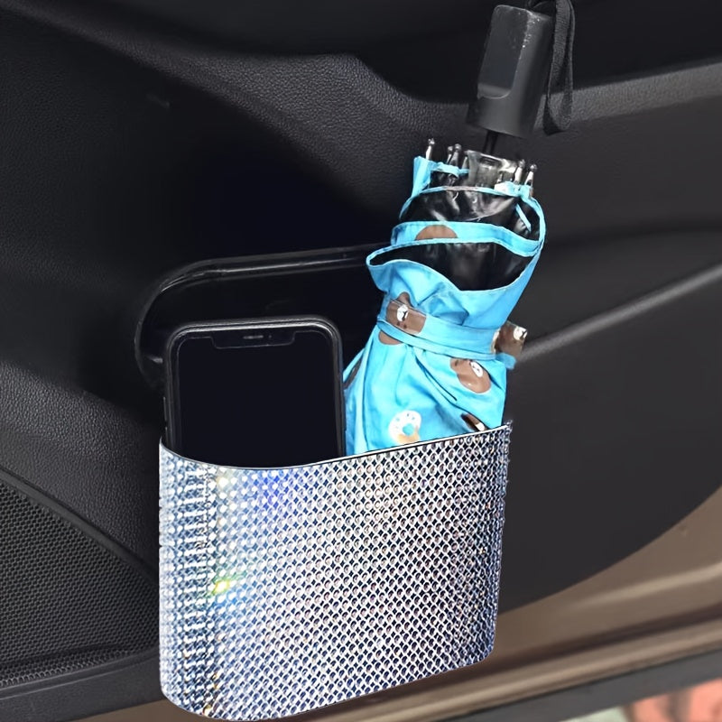 Artificial rhinestone inlaid car trash can, car interior hanging storage bin automatic lid trash can bag multi-functional mother car accessories