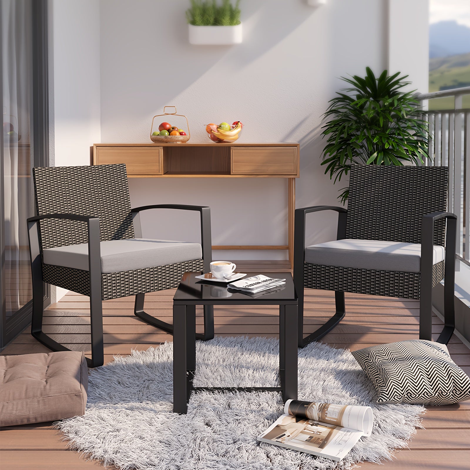 3pcs Patio Furniture Set Rocking Bistro Set Outdoor Rattan Conversation with Coffee Table for Garden Balcony Backyard Poolside (Grey Cushion), Patio Set, Outdoor Patio Furniture, Patio Table And Chair Set, Outdoor Furniture,