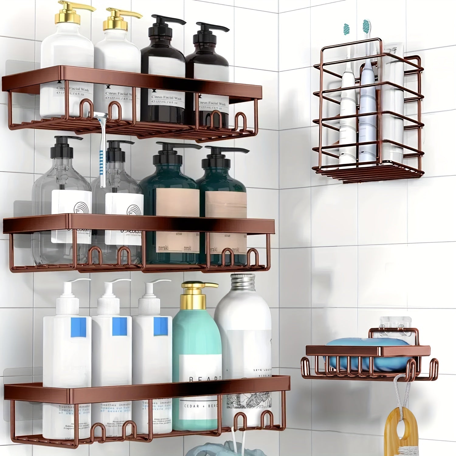 5 Pack Shower Caddy, Large Capacity Wall-Mounted Bathroom Shelf with Rustproof 304 Stainless Steel Shower Organizer Rack, No Drill Installation Suitable for Shower, Bathtub, for inside Shower Storage, Shower Caddies