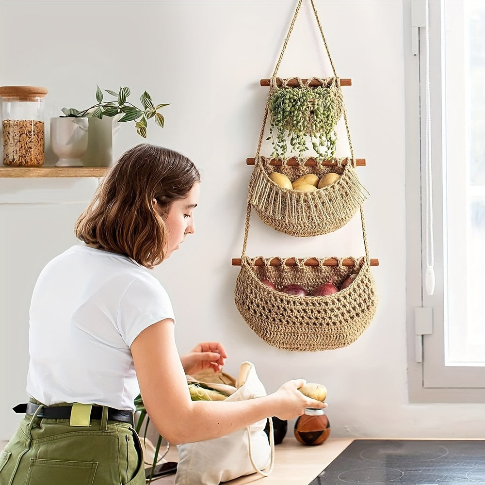Easy to Install 3-Tier Wall Hanging Storage Basket - Handwoven Rope, Versatile and Space-Saving Organizer for Fruits, Vegetables & More - Boho Chic Home Decor