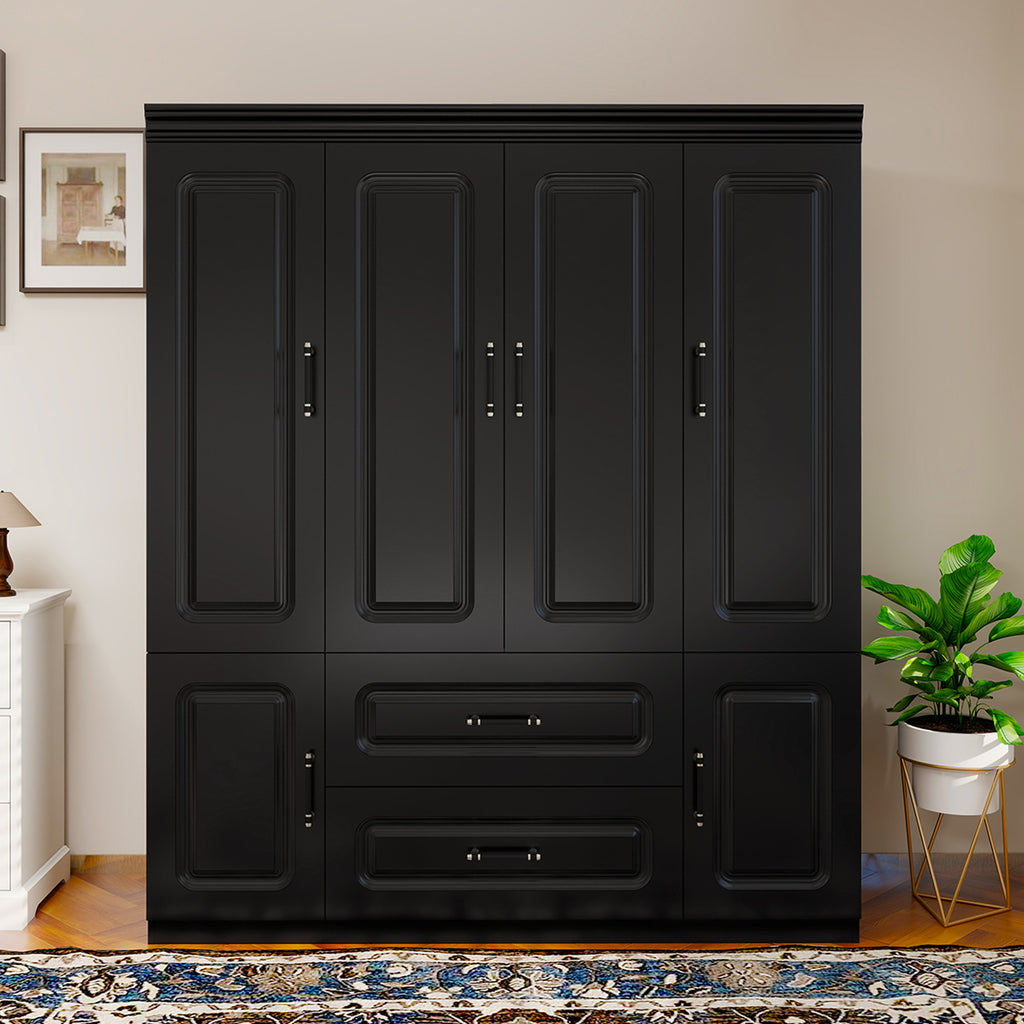 Elegant Modern Black Wooden Wardrobe Armoire with Drawer & Shelves - Waterproof, Free-Standing Closet Storage Cabinet for Bedroom, Dustproof with Golden Handles, Portable Closet, Storage Boxes for Organizing