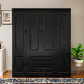 Elegant Modern Black Wooden Wardrobe Armoire with Drawer & Shelves - Waterproof, Free-Standing Closet Storage Cabinet for Bedroom, Dustproof with Golden Handles, Portable Closet, Storage Boxes for Organizing