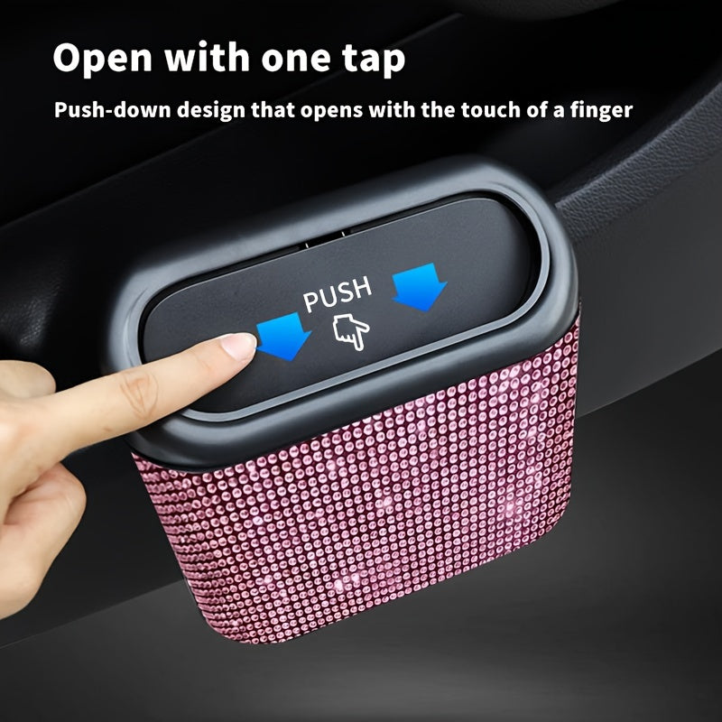 Artificial rhinestone inlaid car trash can, car interior hanging storage bin automatic lid trash can bag multi-functional mother car accessories