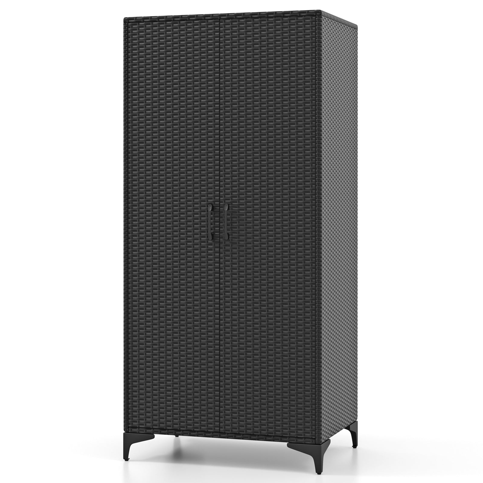 GYMAX 62" Black Wicker Wardrobe with 2 Doors, PE Rattan Armoire Closet on Sturdy Metal Frame - Includes Hanging Rod & 4 Storage Cubes, Ideal for Bedroom, Patio, Garage - Elegant, Durable & Versatile Organizer, Portable Closet