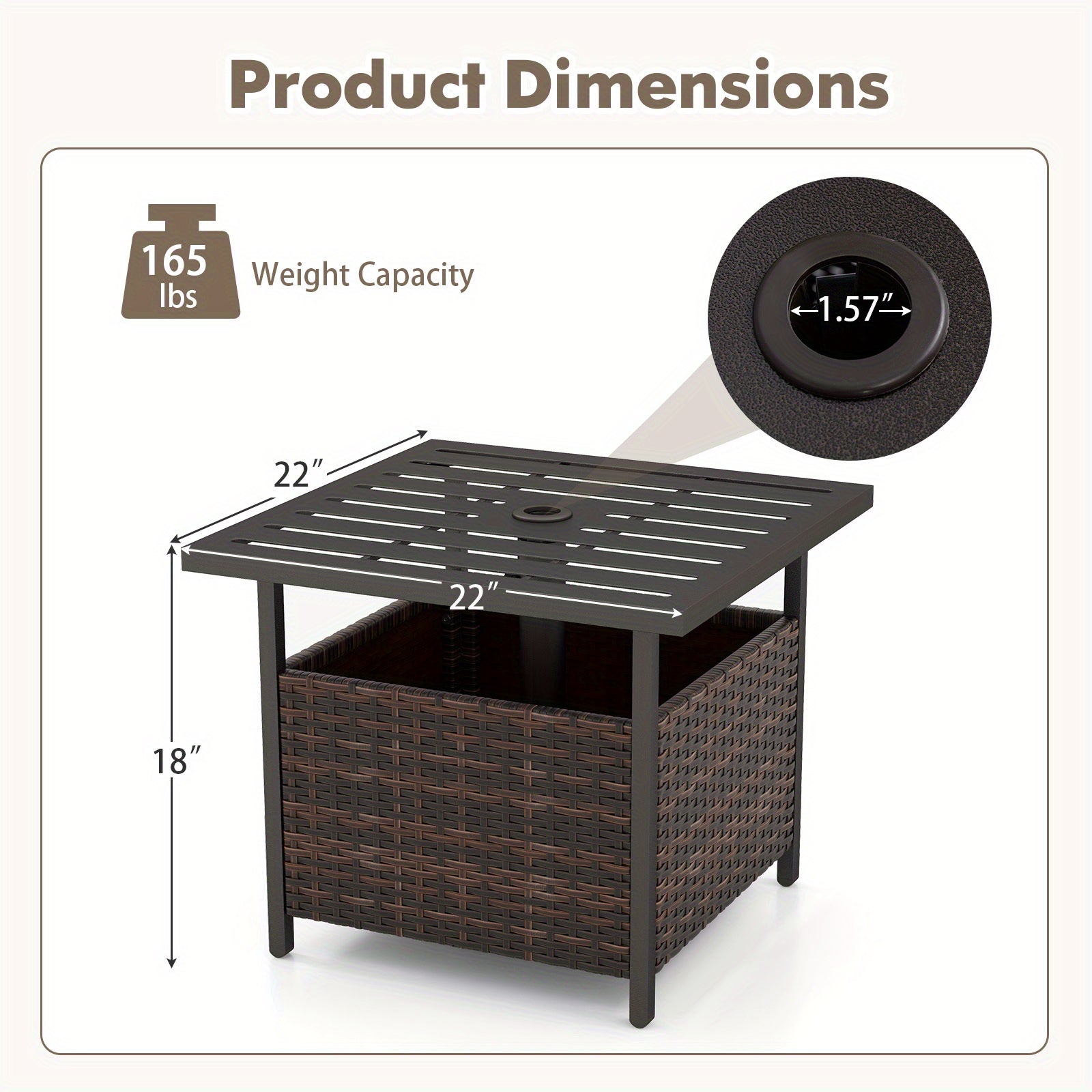 22" LIFEZEAL Outdoor Umbrella Stand Table - Rattan Wicker Side Table with Metal Frame, Built-in 1.57" Hole for Secure Umbrella Placement, Ideal for Patio, Garden, Poolside, Yard - Mix Gray, Patio Furniture | Decorative Outdoo