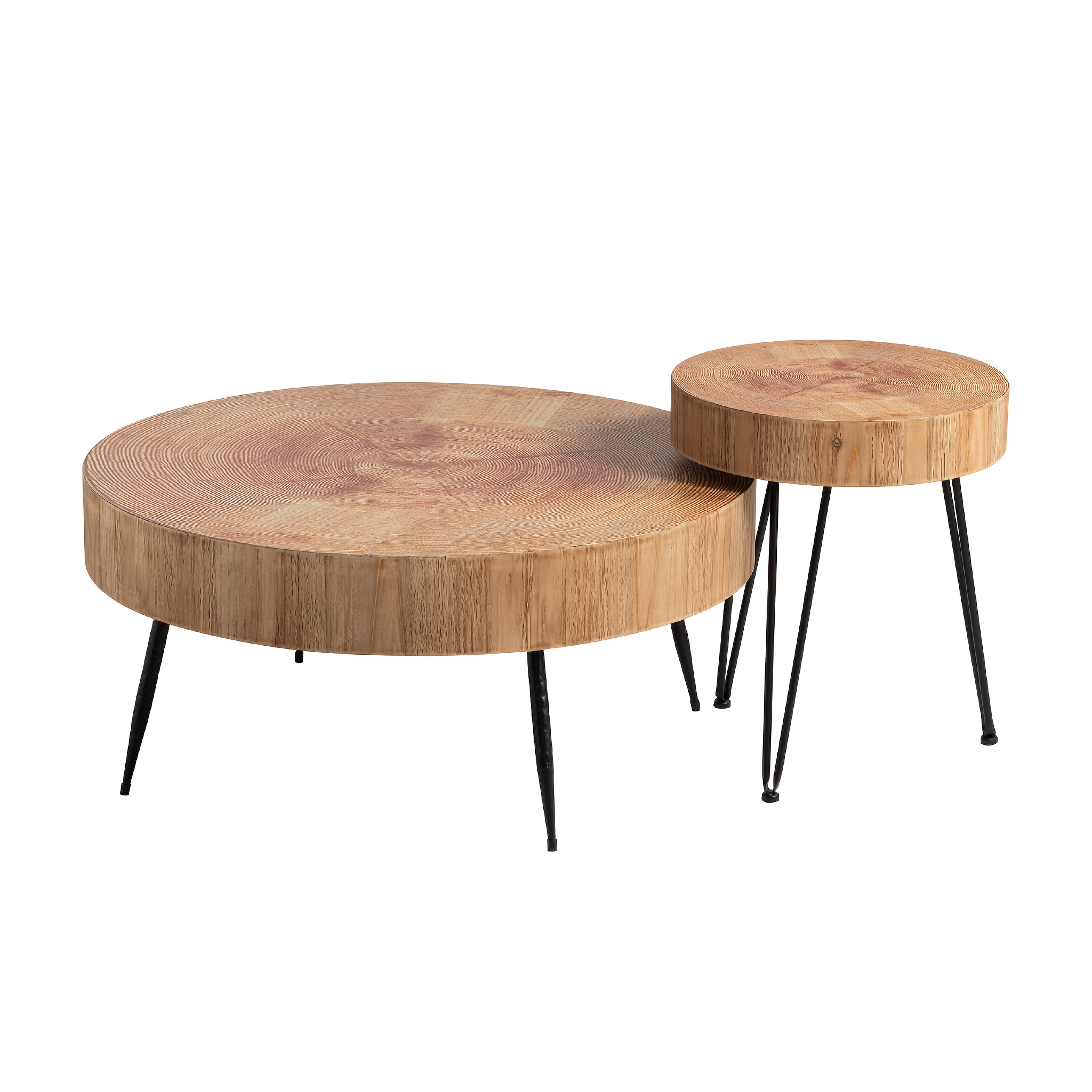 Farmhouse 2pcs Modern Coffee Table Set, Nesting Table Round Natural Finish with Handcrafted Wood Ring Motif, Patio Furniture, Garden Decor, Rustic Design, Farmhouse Style, Durable Wood, Solid Build, Accent Tables, Side Tables