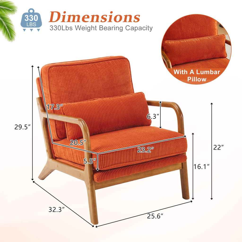 2-Pack Premium Corduroy Accent Chairs, Upholstered Arm Chair, Solid Wood Comfy Reading Chair with Lumbar Pillow, Mid Century Modern Chairs for Living Room,Bedroom