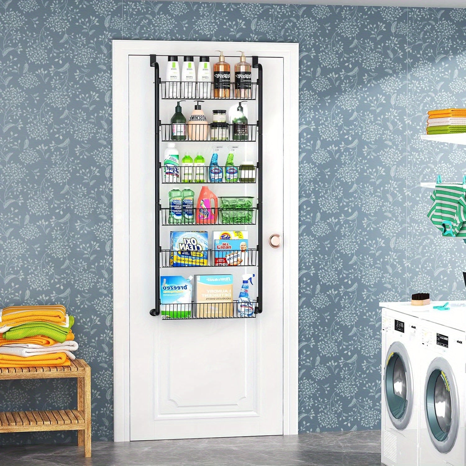 8-Tier & 6-Tier Over-the-Door Pantry Organizer - Versatile Black Metal Hanging Storage Rack for Kitchen, Laundry, Bathroom - Space-Saving Design with Clear Seamless Tape, Scratch-Proof Stickers, Pantry Organization | Versatil