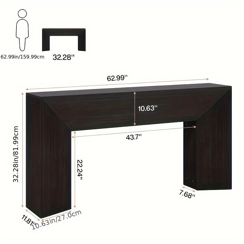 63-Inch Wooden Sofa Table, Console Table, Entryway Table, Hallway Display Stand, Classic Style, Engineered Wood Top, MDF Frame, No Assembly Required, 27" Height, Multi-Functional, for Living Room, Bedroom, Office, Entryway, L