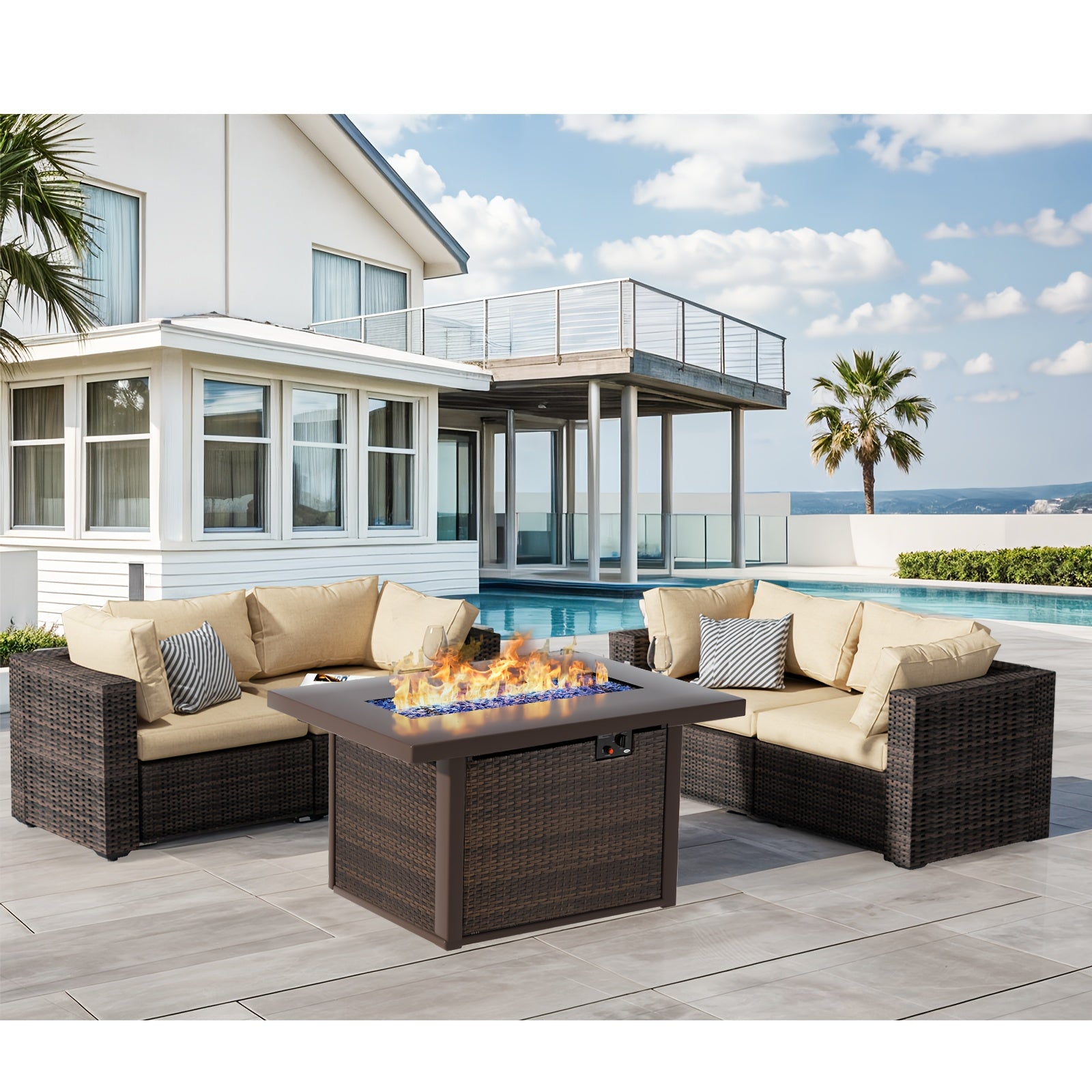 5pcs Patio Furniture Set With Fire Pit Table, All Weather Outdoor Sectional PE Rattan, Patio Conversation Sets With Cushions And Glass Coffee Table For Garden Lawn Balcony