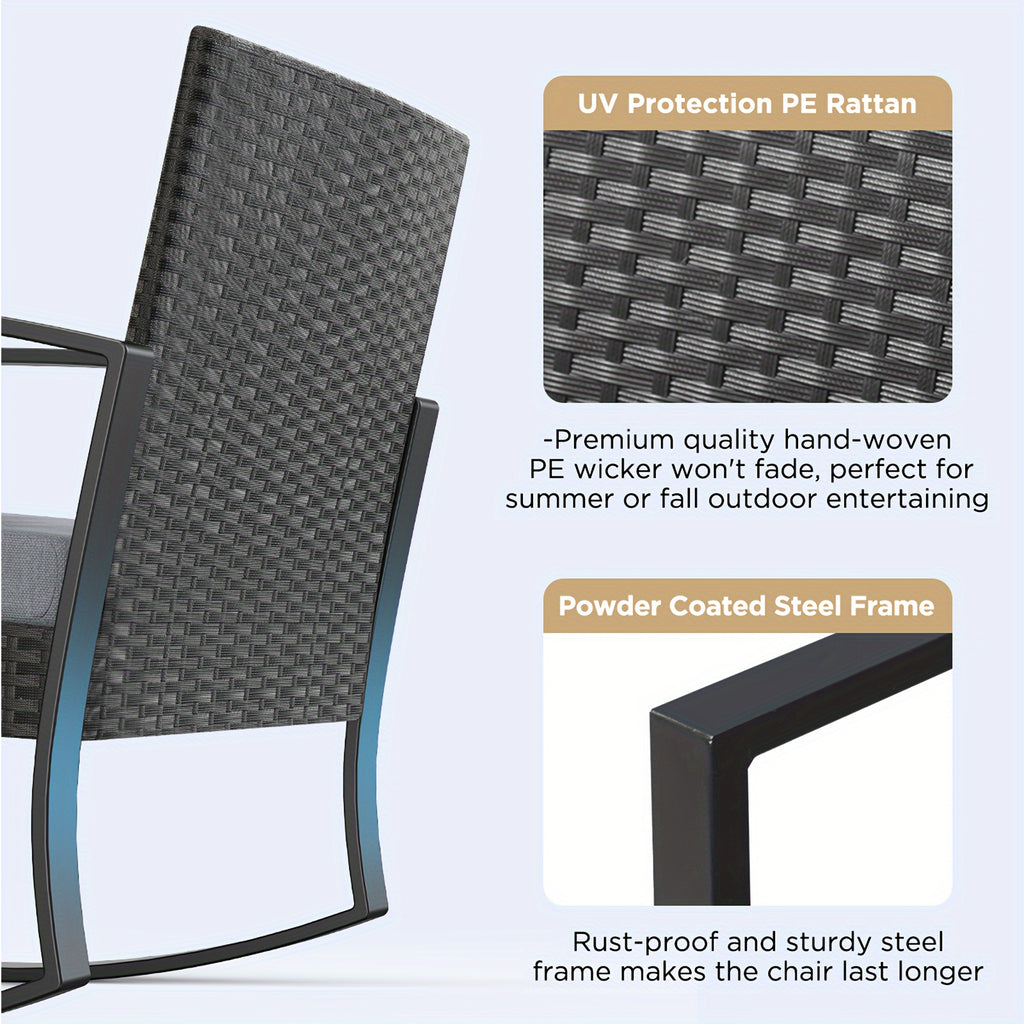 3pcs Patio Furniture Set Rocking Bistro Set Outdoor Rattan Conversation with Coffee Table for Garden Balcony Backyard Poolside (Grey Cushion), Patio Set, Outdoor Patio Furniture, Patio Table And Chair Set, Outdoor Furniture,
