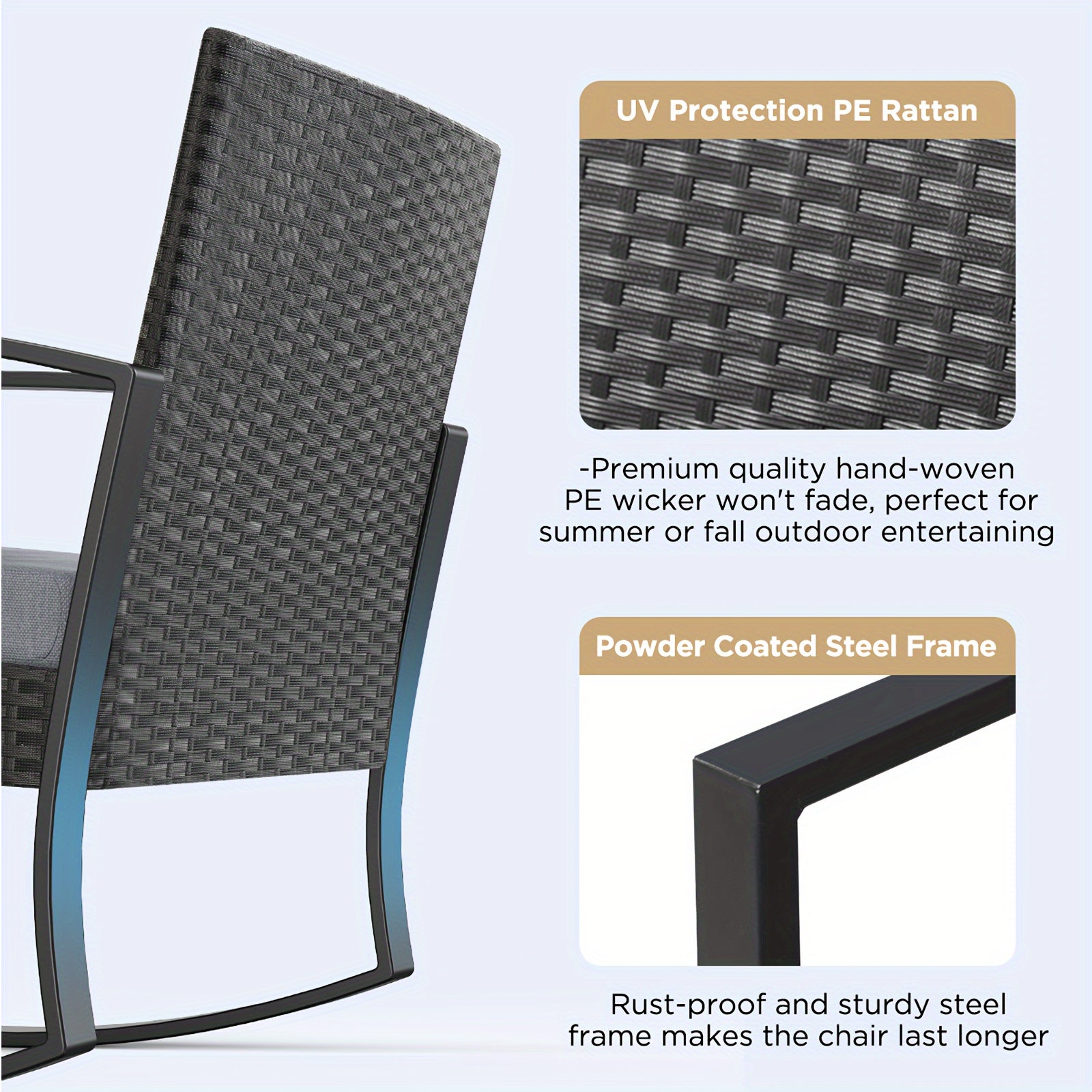 3pcs Patio Furniture Set Rocking Bistro Set Outdoor Rattan Conversation with Coffee Table for Garden Balcony Backyard Poolside (Grey Cushion), Patio Set, Outdoor Patio Furniture, Patio Table And Chair Set, Outdoor Furniture,
