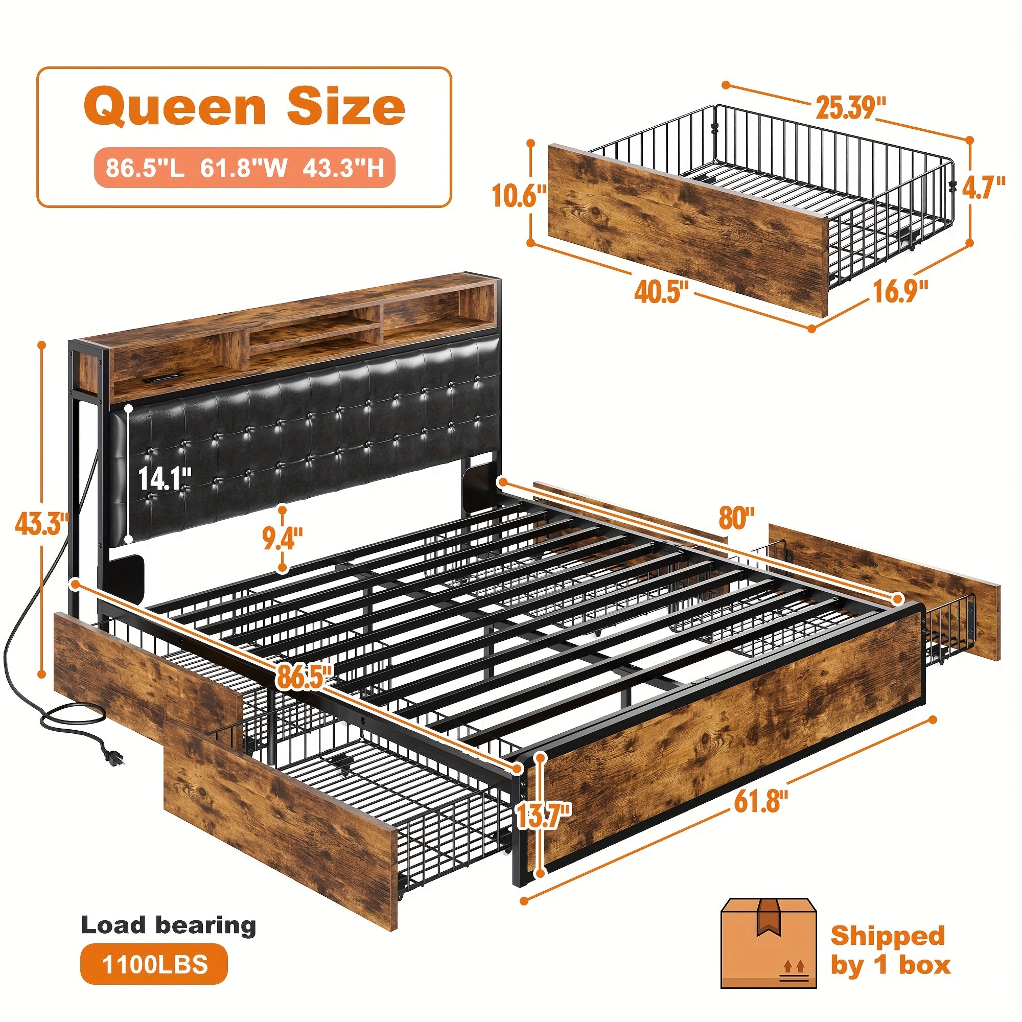 EnHome King/Queen/Full Bed Frame with 4-Tier Storage Drawers & Upholstered Headboard, Heavy-Duty Metal Support, Noise-Free Design, Charging Station (US Plug), No Box Spring Needed, Vintage Brown - Easy Assembly, Hardwood & Me