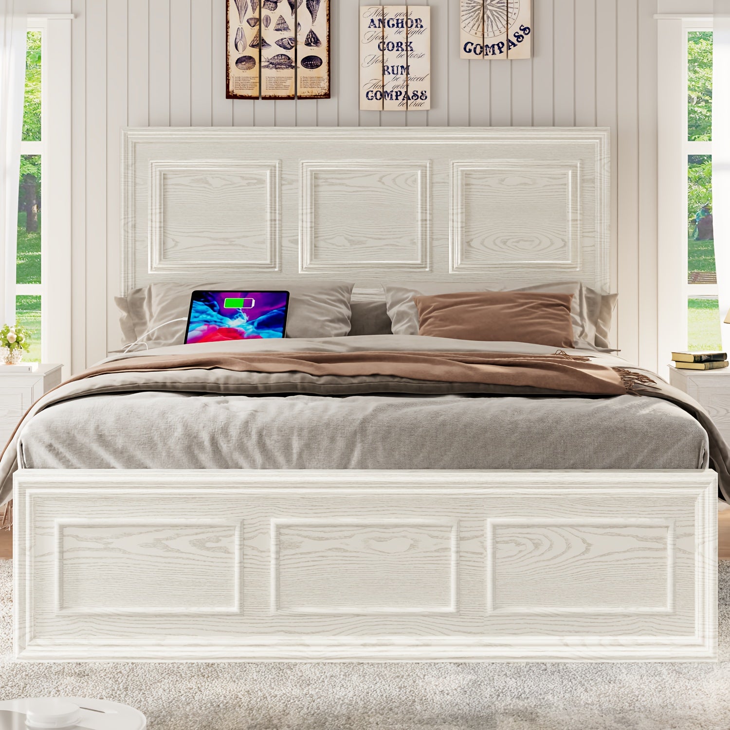 Full Queen Platform Bed Frame with Headboard, Farmhouse Style, Height Adjustable, Brown Oak Finish, USB Charging Port, Metal Frame, Easy Assembly, Modern Bedroom Furniture