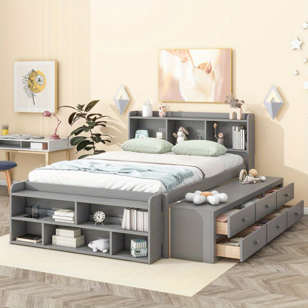 Full Size Bed Frame with Bookcase Headboard, 6-Drawer Storage & Foot Cabinet - Space-Saving Platform Bed, Heavy-Duty Metal Construction, Modern Minimalist Bedroom Furniture for Small Spaces - Easy Assembly Required, Decorativ