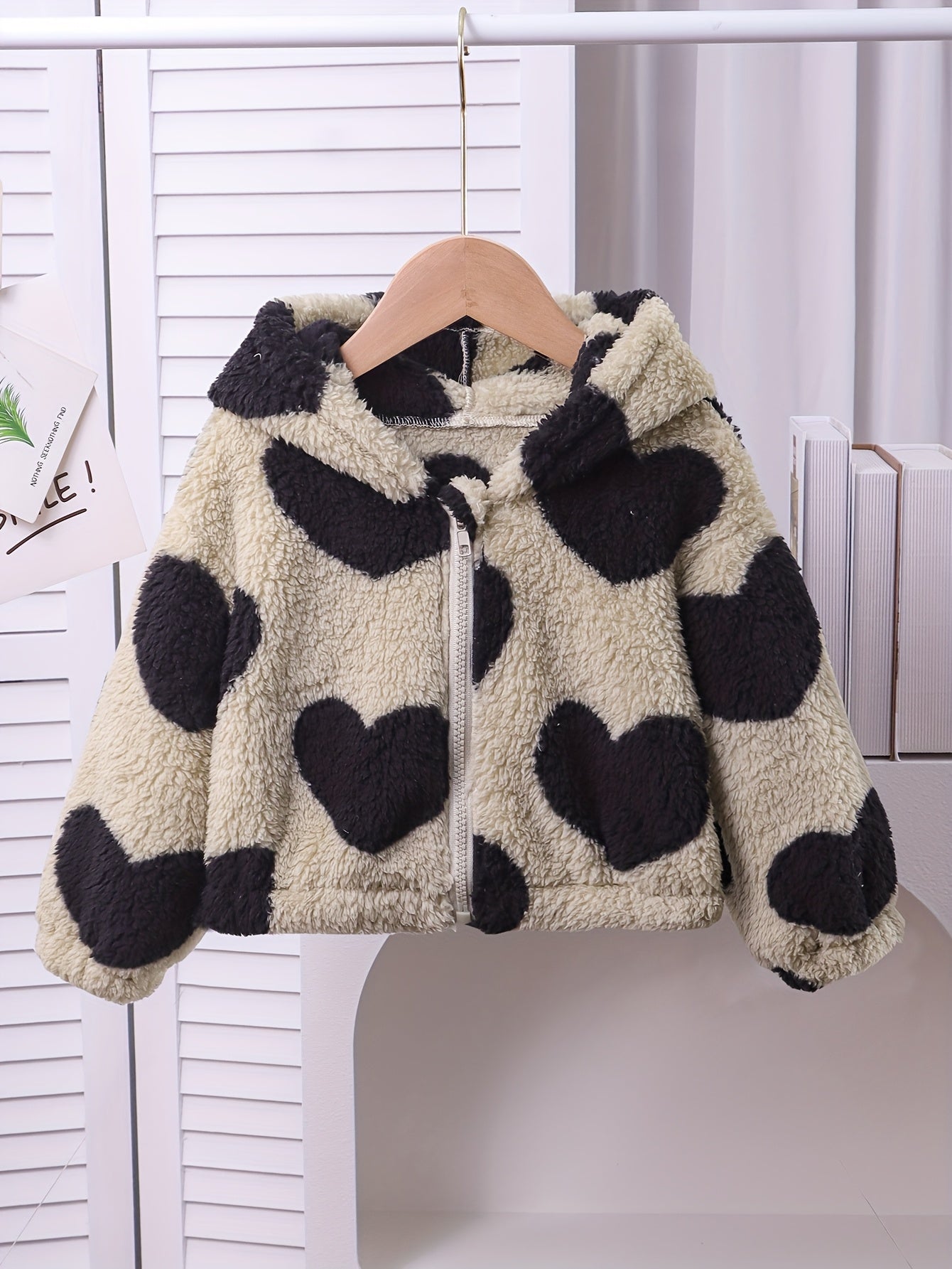 Girls' Jacket, Casual Fashion Heart Plush Hooded Zip-Up Long Sleeve, Solid Color, Spring/Autumn