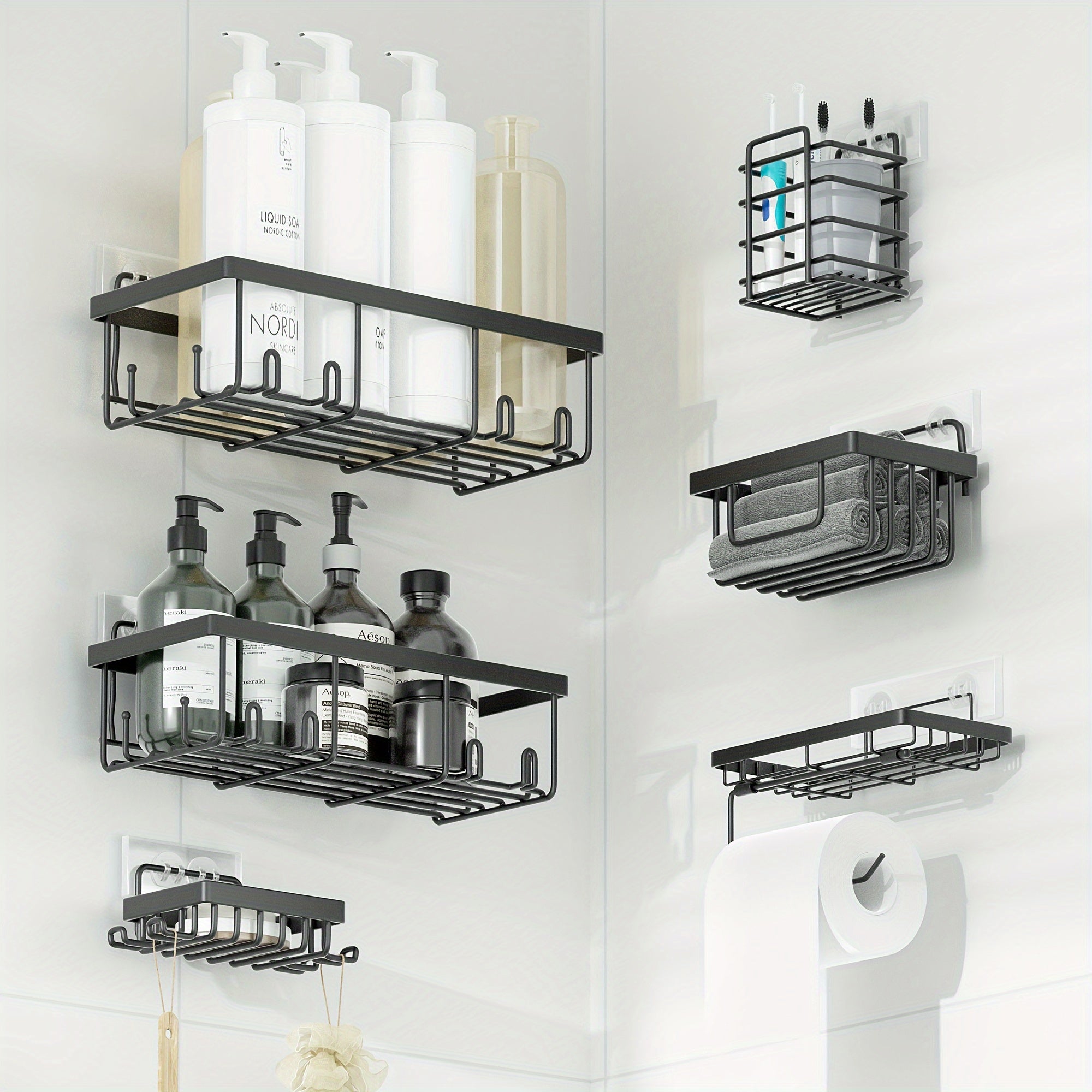 6pcs Stainless Steel Adhesive Shower Caddy, Wall Mount Bathroom Organizer with Soap Holder, Rustproof, Portable, No Drill Needed, Painted Finish, Large Capacity Storage for Kitchen & Home Decor, Shower Organizer, Shower Caddi