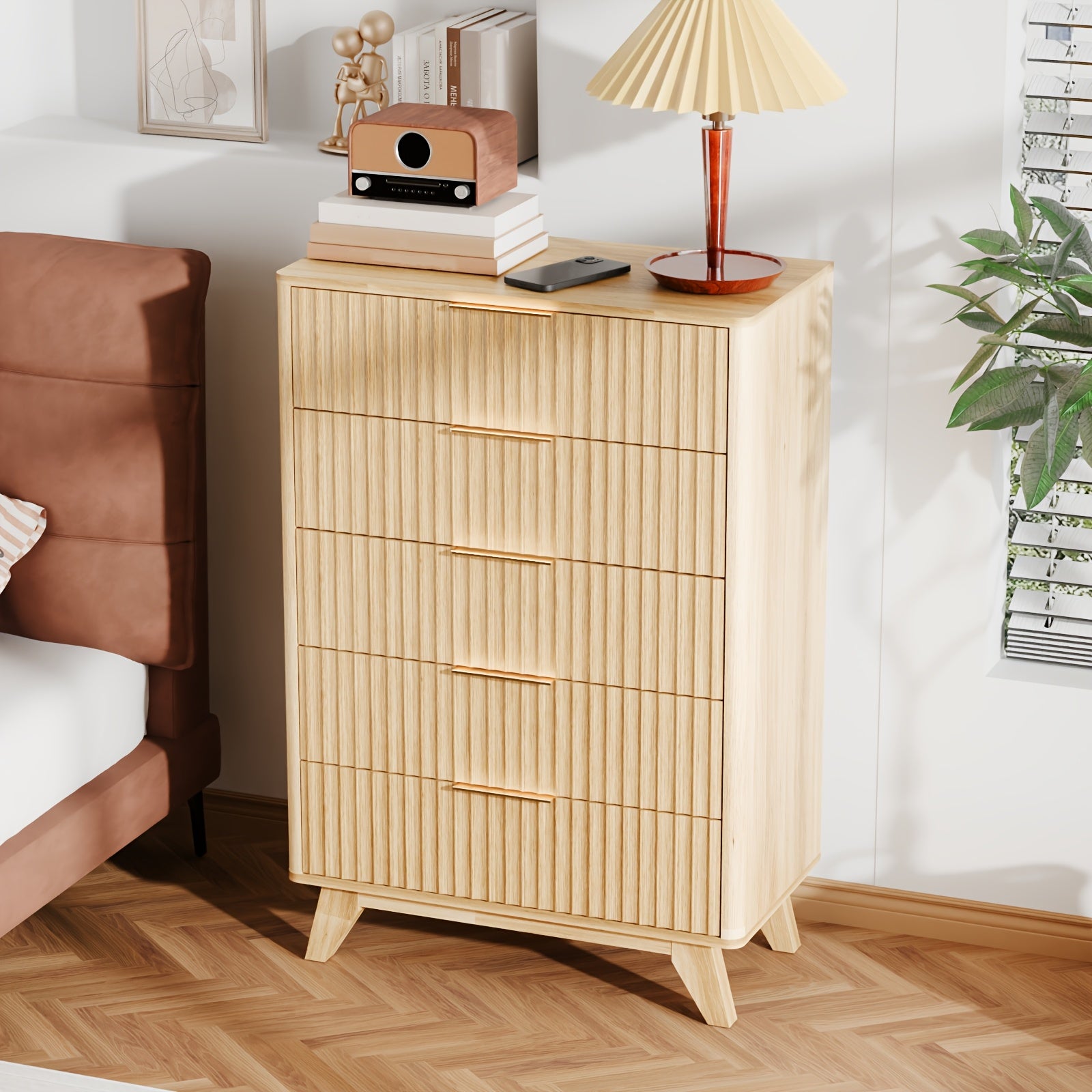 Bonnlo Vintage Fluted Dresser - No Assembly Required 5-Drawer Chest, Solid Hardwood Construction, Beige/ Natural Wood Finish Bedroom Furniture for Living Room, Office - Sturdy Storage Organizer, Home Organization, Elegant Des
