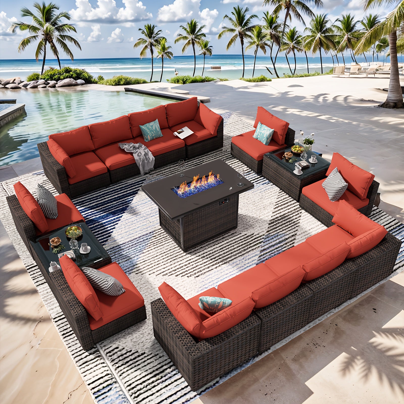 15 piece 15 pieces 15-Piece Black Rattan Patio Furniture Set with Fire Pit Table, Glass Coffee Table, and Cushions for Backyard