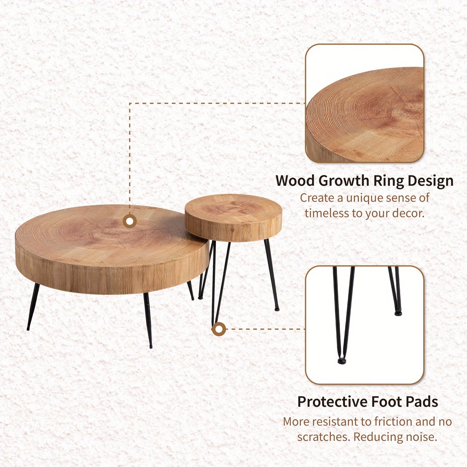 Farmhouse 2pcs Modern Coffee Table Set, Nesting Table Round Natural Finish with Handcrafted Wood Ring Motif, Patio Furniture, Garden Decor, Rustic Design, Farmhouse Style, Durable Wood, Solid Build, Accent Tables, Side Tables