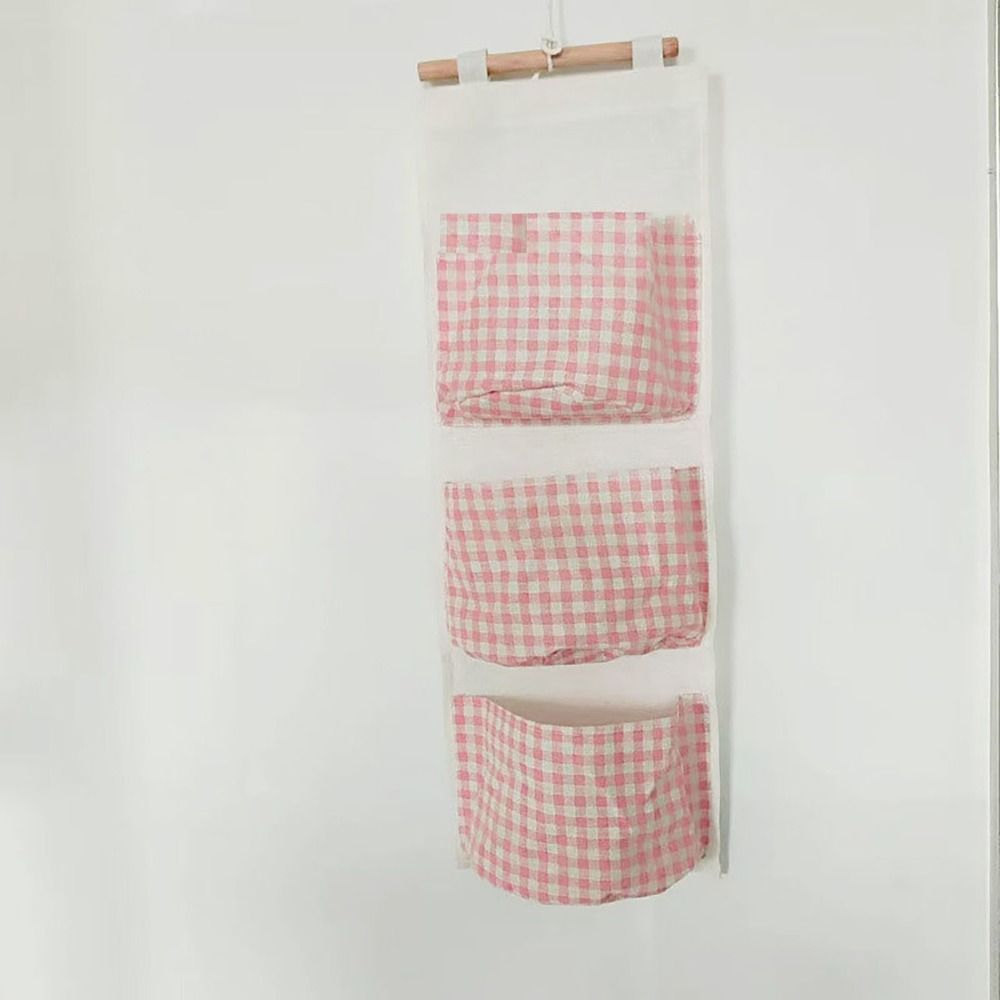 1pc Large Capacity Pink Plaid Hanging Storage Bag - Multifunctional, Waterproof, Breathable Fabric Organizer with Multiple Compartments for Home Organization, Clothes Organizer Storage