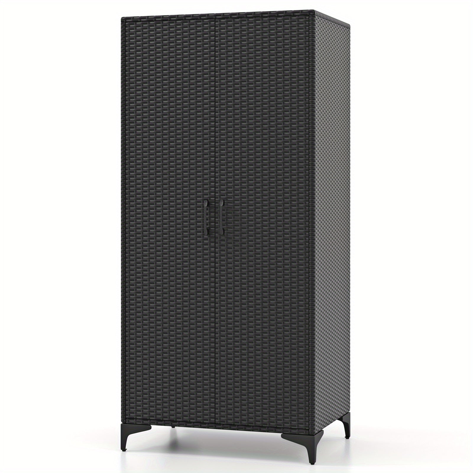 GYMAX 62" Black Wicker Wardrobe with 2 Doors, PE Rattan Armoire Closet on Sturdy Metal Frame - Includes Hanging Rod & 4 Storage Cubes, Ideal for Bedroom, Patio, Garage - Elegant, Durable & Versatile Organizer, Portable Closet