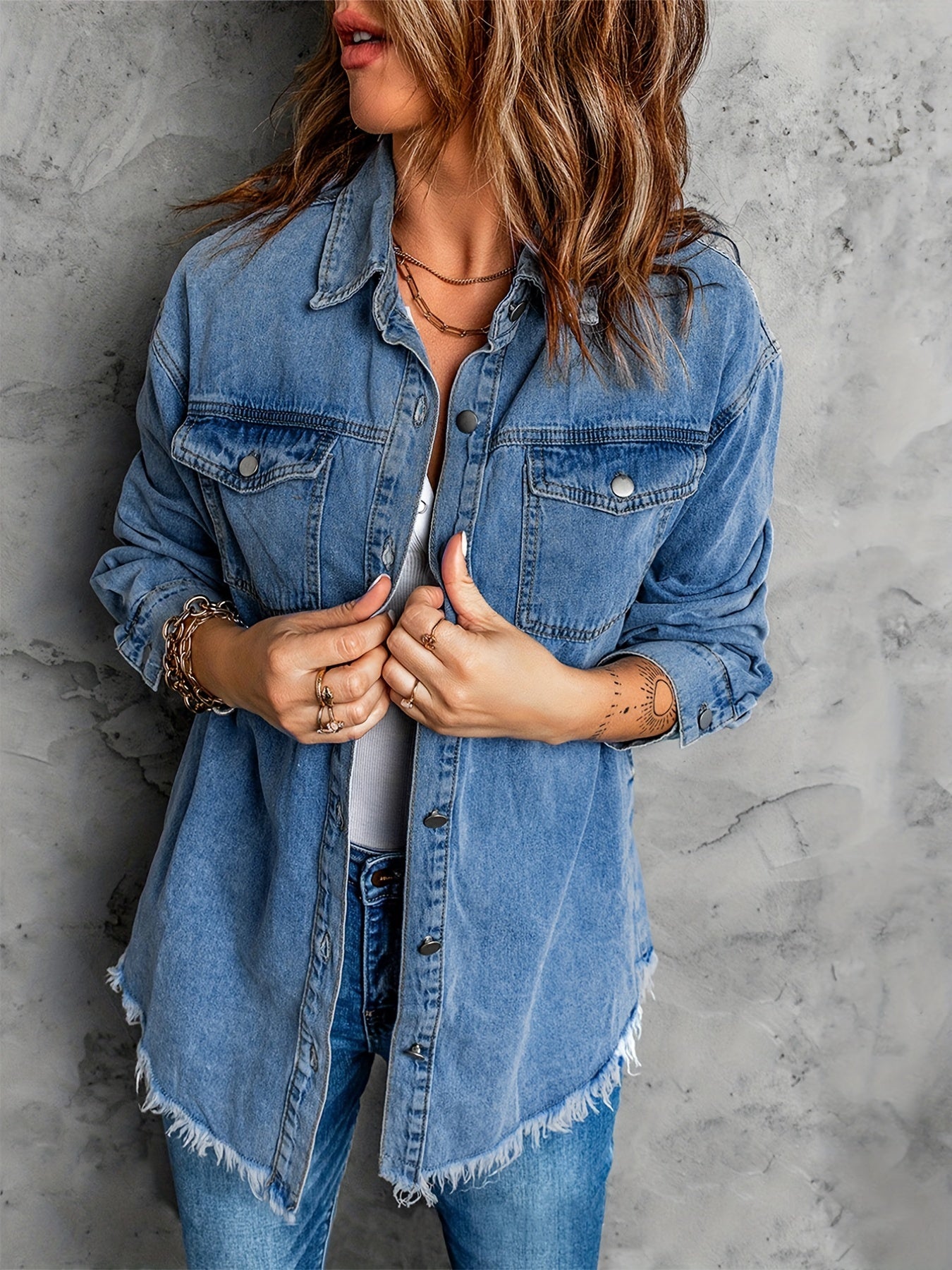 Frayed Hem Long Denim Jackets, Loose Fit Long Sleeves Versatile Lapel Denim Coats, Women's Denim Clothing
