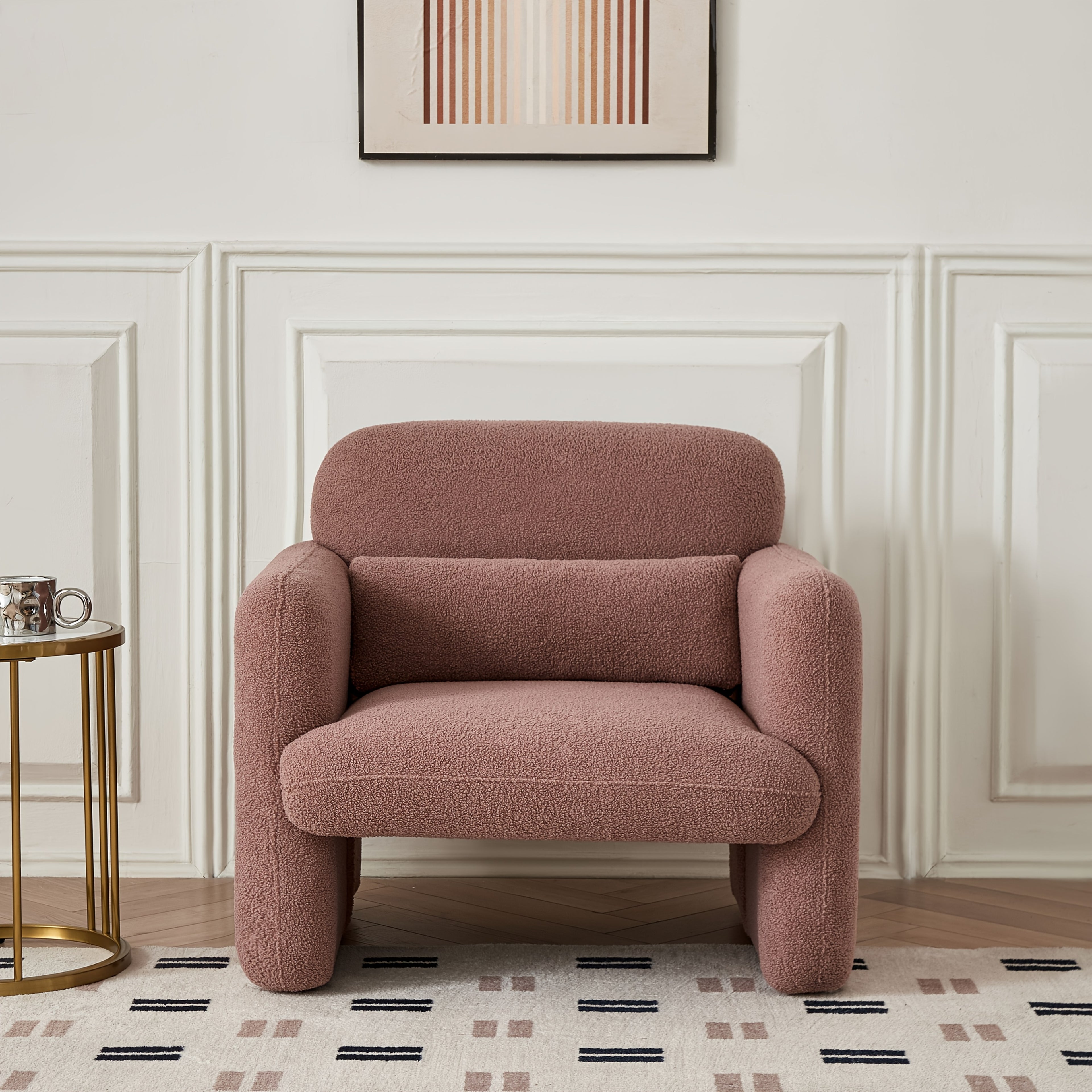 33.86" Accent Chairs, Modern Sherpa Lamb Fabric Armed Chair Comfy Upholstered Armchair Leisure Single Sofa Chair With A Waist Pillow For Bedroom, Office And Living Room