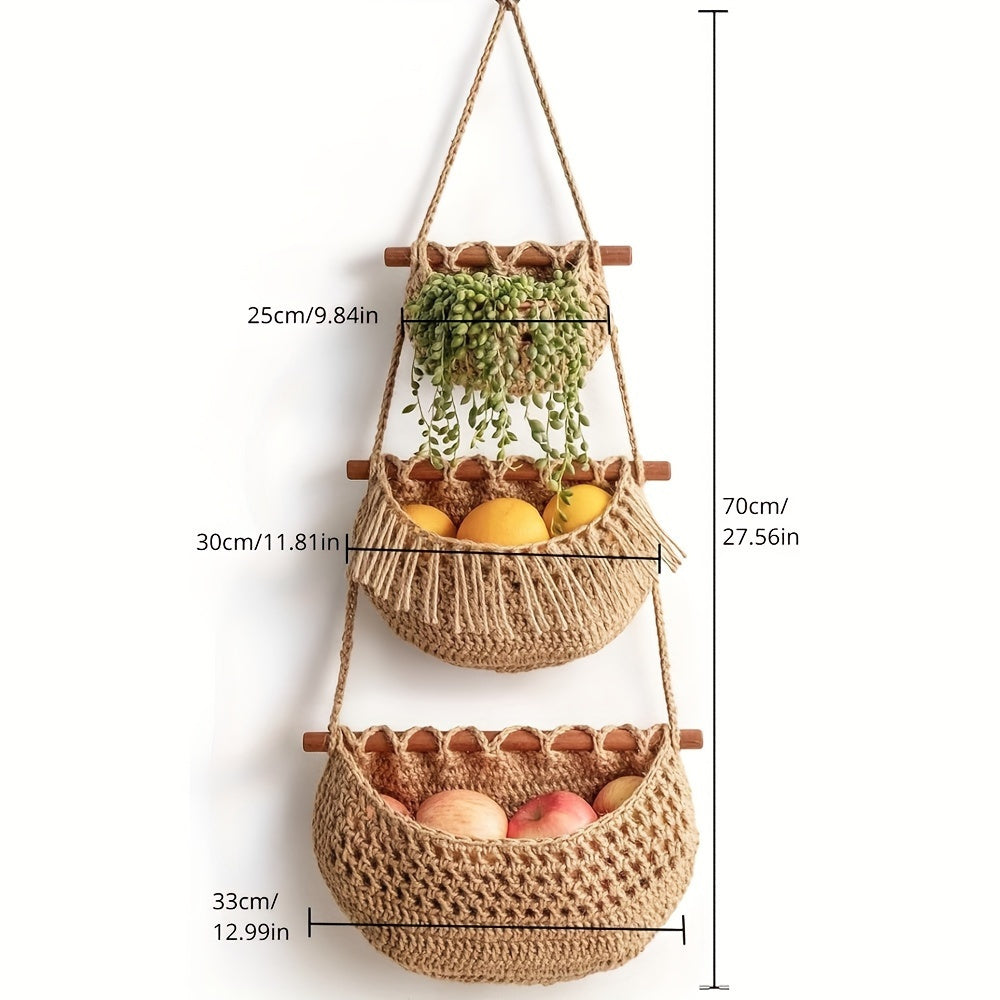 Easy to Install 3-Tier Wall Hanging Storage Basket - Handwoven Rope, Versatile and Space-Saving Organizer for Fruits, Vegetables & More - Boho Chic Home Decor