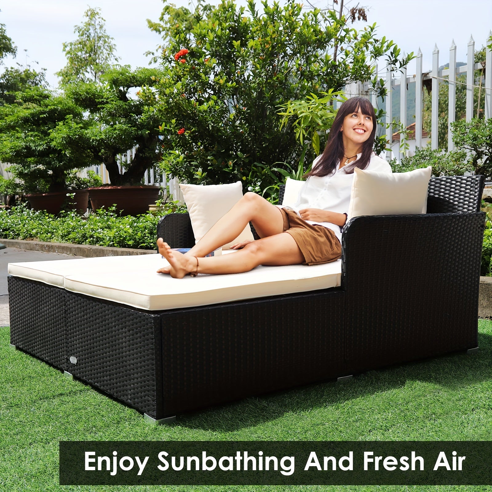 1pc Rattan Daybed With Cushions, Classic Outdoor Patio Furniture, Weather-Resistant Wicker Sofa, Beige – 61x52x27.5 Inches