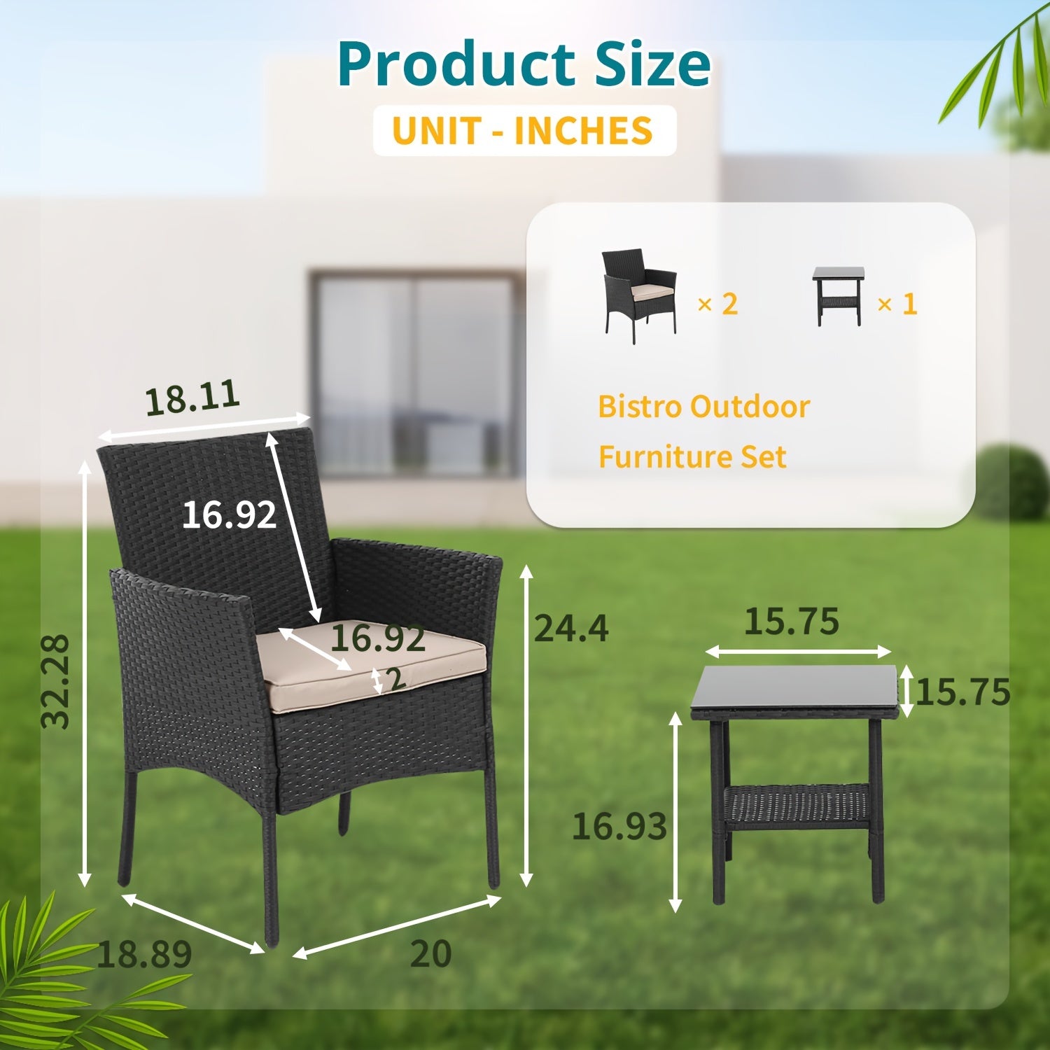 3-Piece PE Rattan Wicker Patio Furniture Set with Handrail - Sturdy Steel Bracket, Comfortable Cushions, and Coffee Table for Outdoor Relaxation in Yard, Balcony, Poolside, and Garden