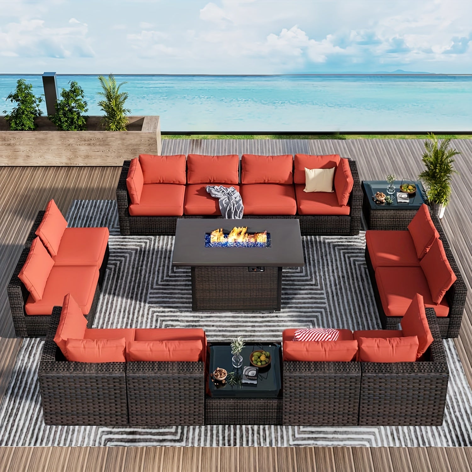 15pcs Patio Furniture Sectional Sofa 50000 BTU Propane Gas Fire Pit Table, Outdoor PE Rattan Patio Conversation Set with Glass Coffee Tables And Cushions for Garden, Poolside, Backyard, Patio Table And Chair Set, Outdoor Pati