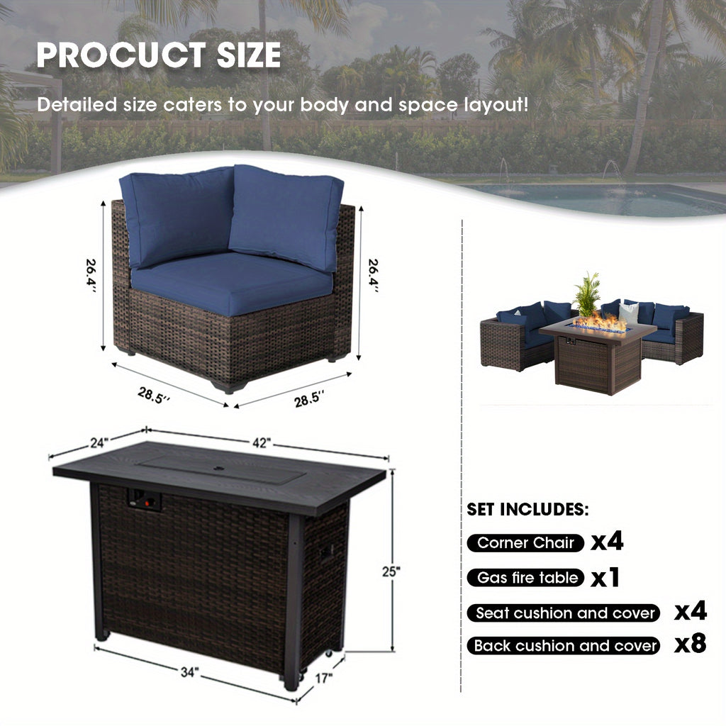 5pcs Patio Furniture Set With Fire Pit Table, All Weather Outdoor Sectional PE Rattan, Patio Conversation Sets With Cushions And Glass Coffee Table For Garden Lawn Balcony