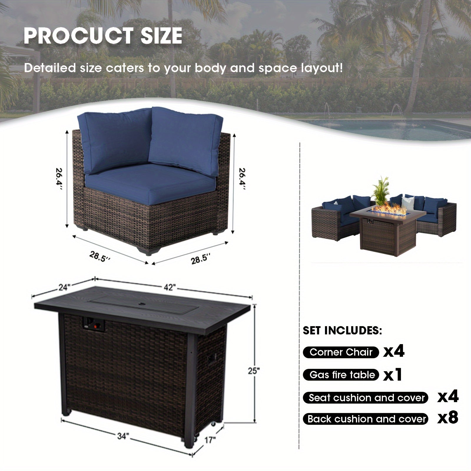 5pcs Patio Furniture Set With Fire Pit Table, All Weather Outdoor Sectional PE Rattan, Patio Conversation Sets With Cushions And Glass Coffee Table For Garden Lawn Balcony