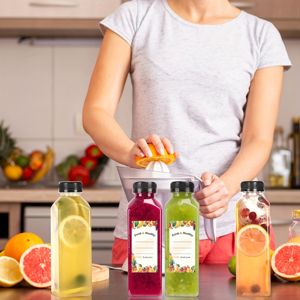 128 empty plastic bottles, 128 tamper-proof black caps, 1 rubber funnel, 1 sponge brush, 16oz Empty Plastic Juice Bottles with Caps, Bulk Clear Beverage Containers for Juicing, Drinking, Milkshake, Tea and Other Beverages