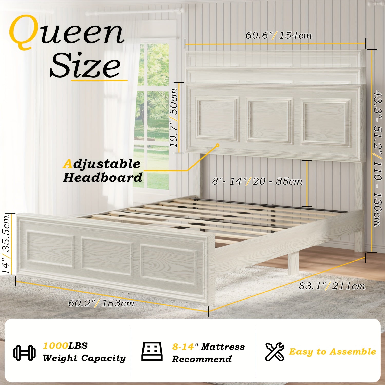 Full Queen Platform Bed Frame with Headboard, Farmhouse Style, Height Adjustable, Brown Oak Finish, USB Charging Port, Metal Frame, Easy Assembly, Modern Bedroom Furniture
