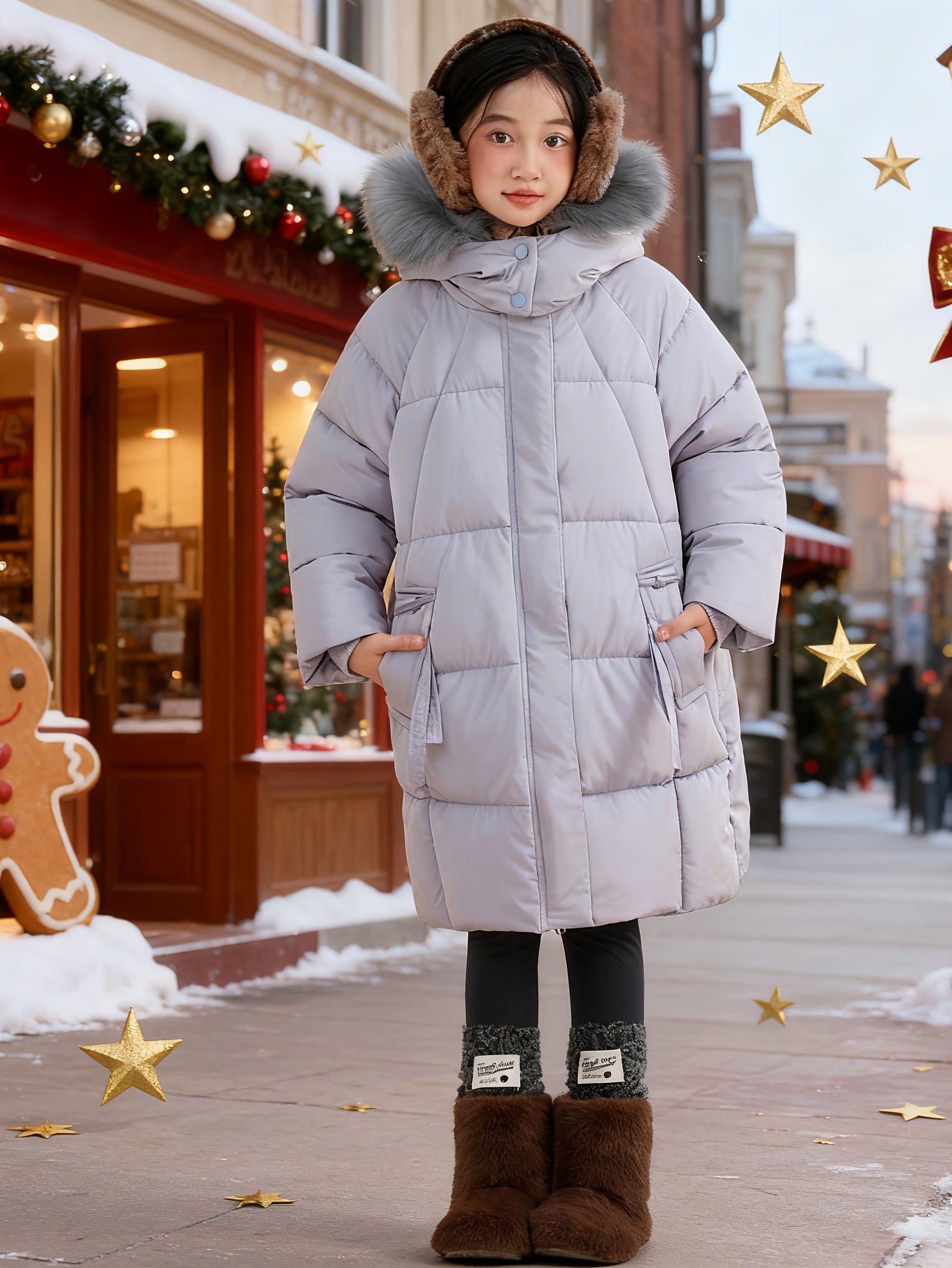 Girls' Jacket Mid-Length 2025 New Winter Thickened Clothing For Girls With Large Fur Collar Trendy Coat Girls Winter Coat Christmas Warm Coat