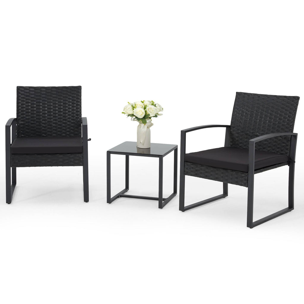 Bezseller 3pcs Patio Furniture Set, Outdoor Rattan Bistro Set with Coffee Table, Durable Steel Frame with Strapped Cushions for Garden, Balcony, Poolside, Backyard