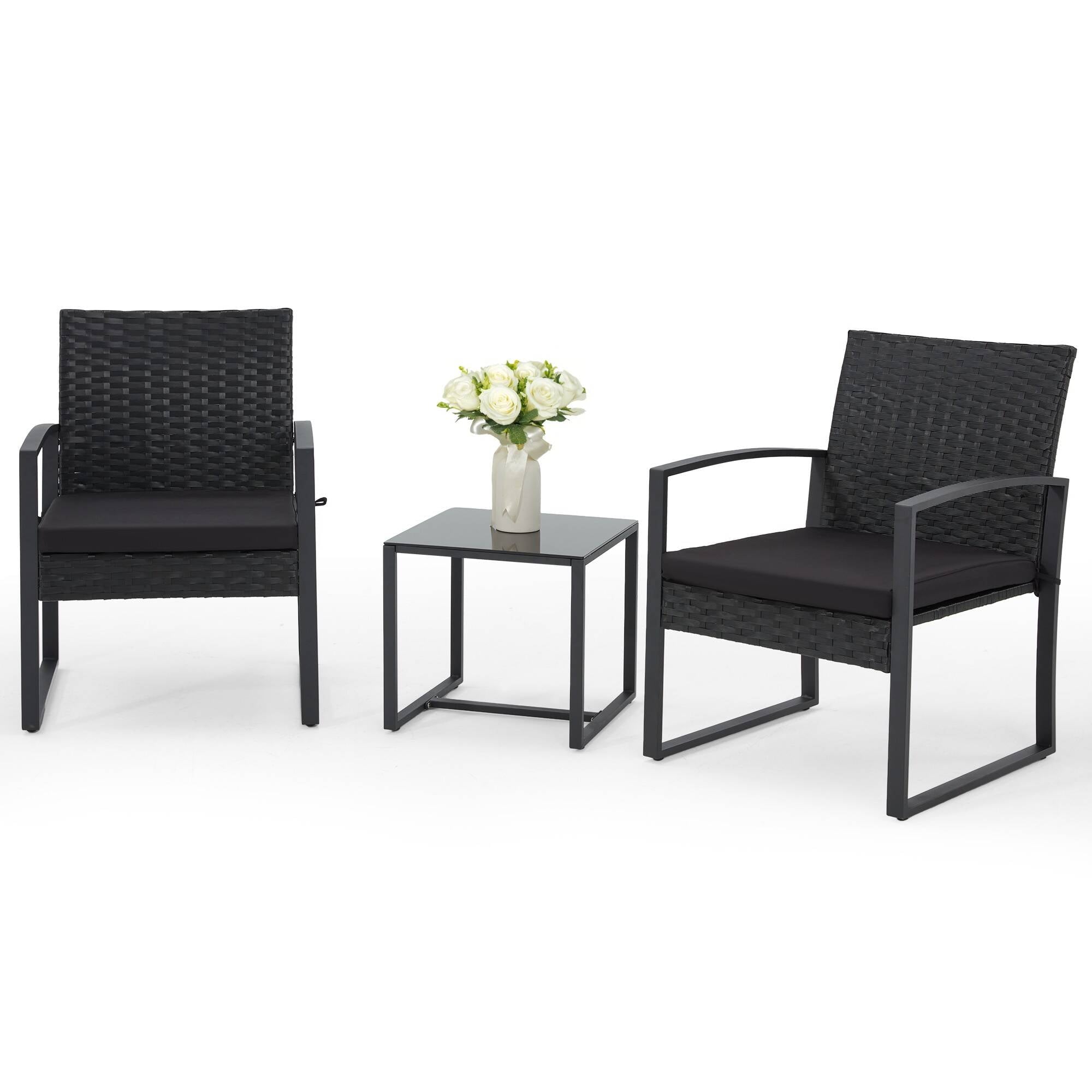 Bezseller 3pcs Patio Furniture Set, Outdoor Rattan Bistro Set with Coffee Table, Durable Steel Frame with Strapped Cushions for Garden, Balcony, Poolside, Backyard